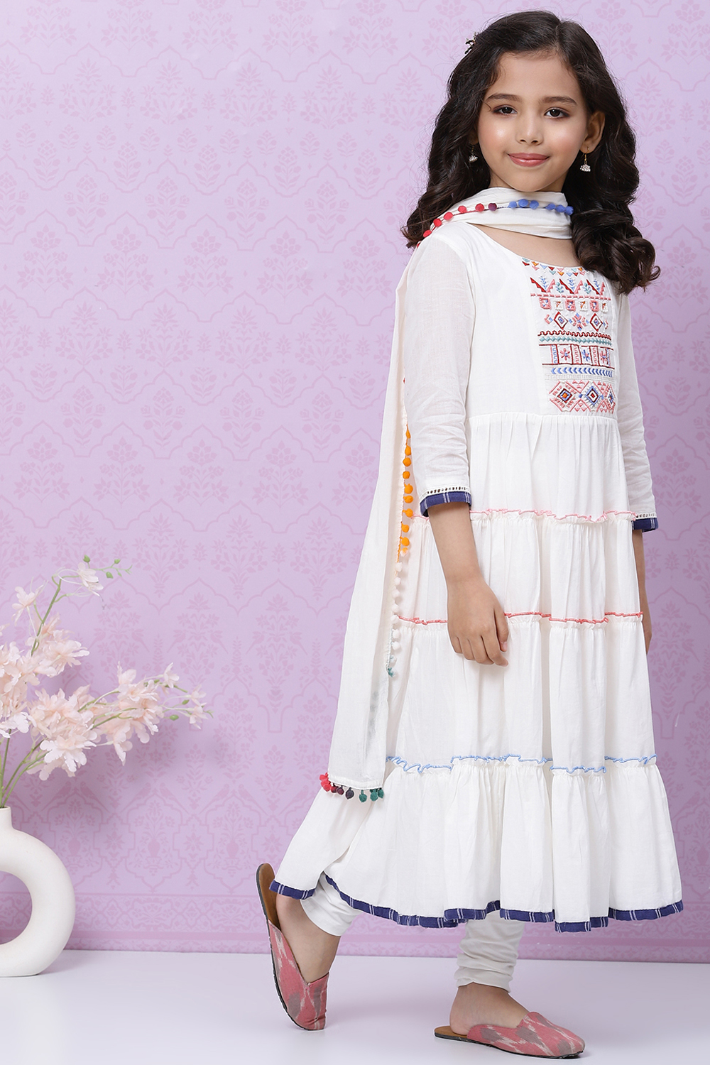Off White Cotton Tiered Kurta Churidar Suit Set image number 6