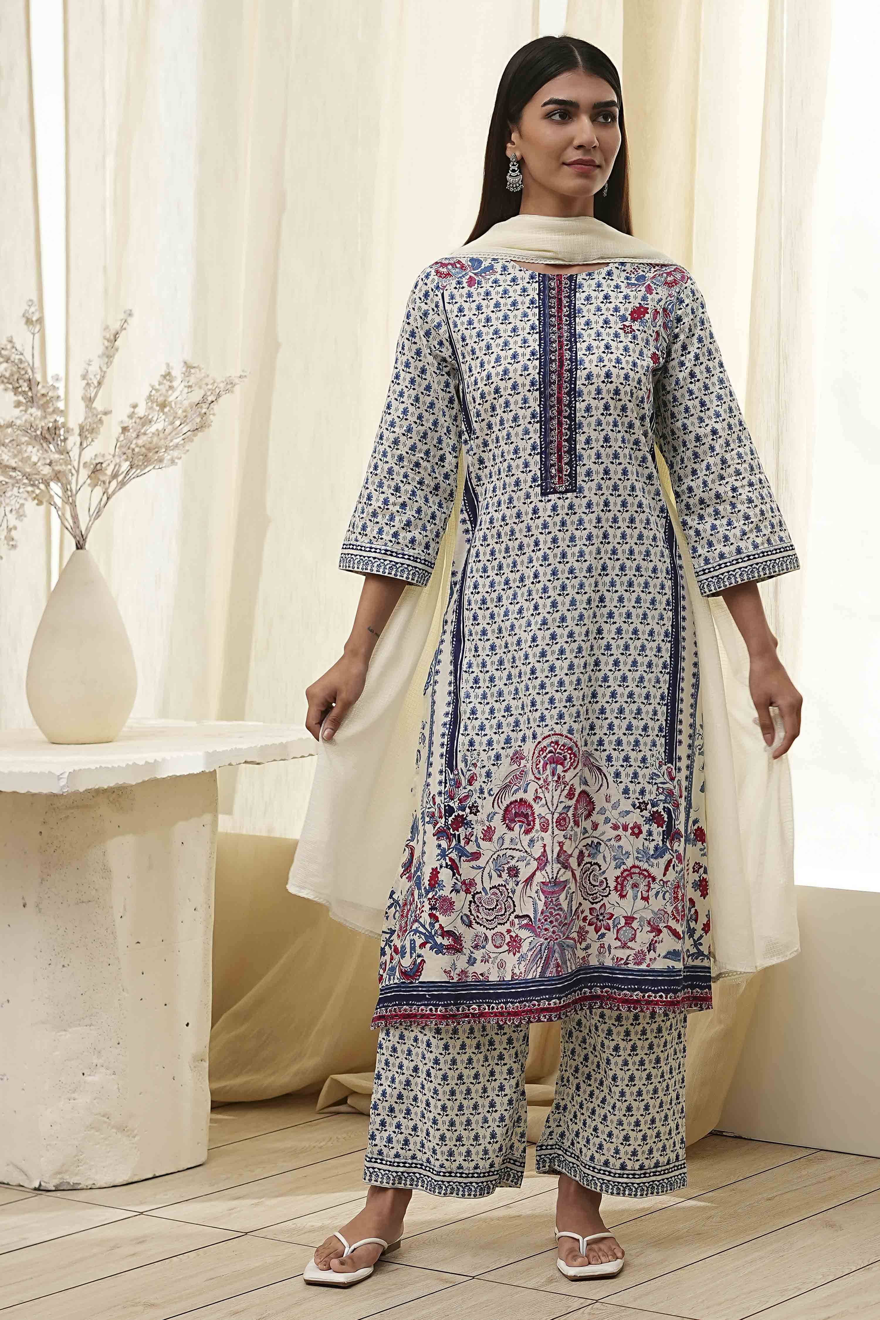 Off-White Cotton Printed Straight Suit Set image number 0