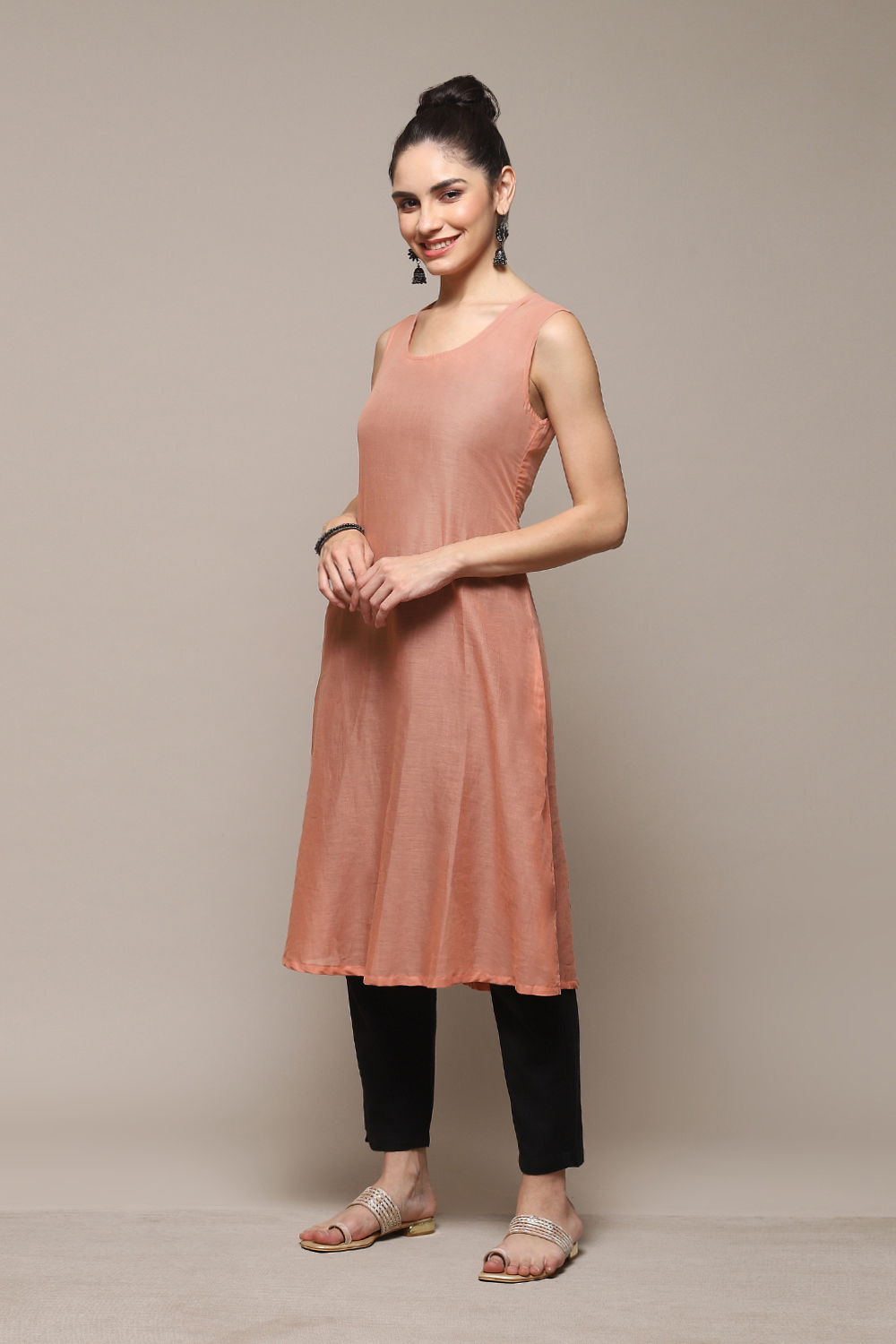 Peach & Blue Polyester Straight Printed Kurta image number 2