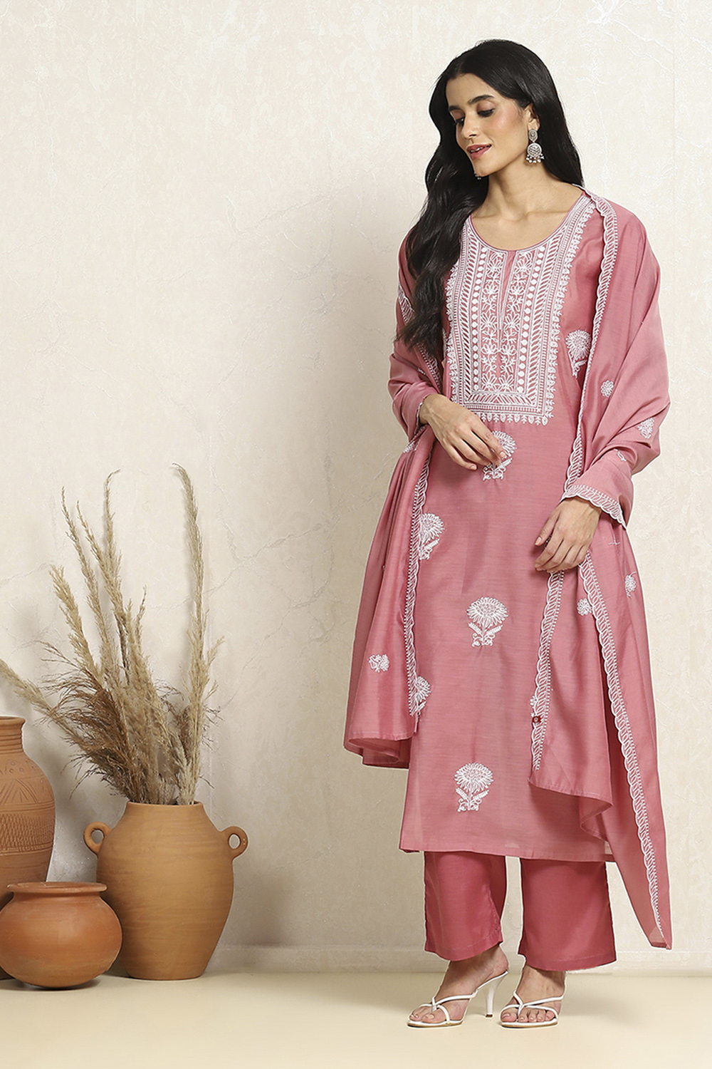 Peach Chanderi Machine Embroidered Unstitched Suit Set image number 1