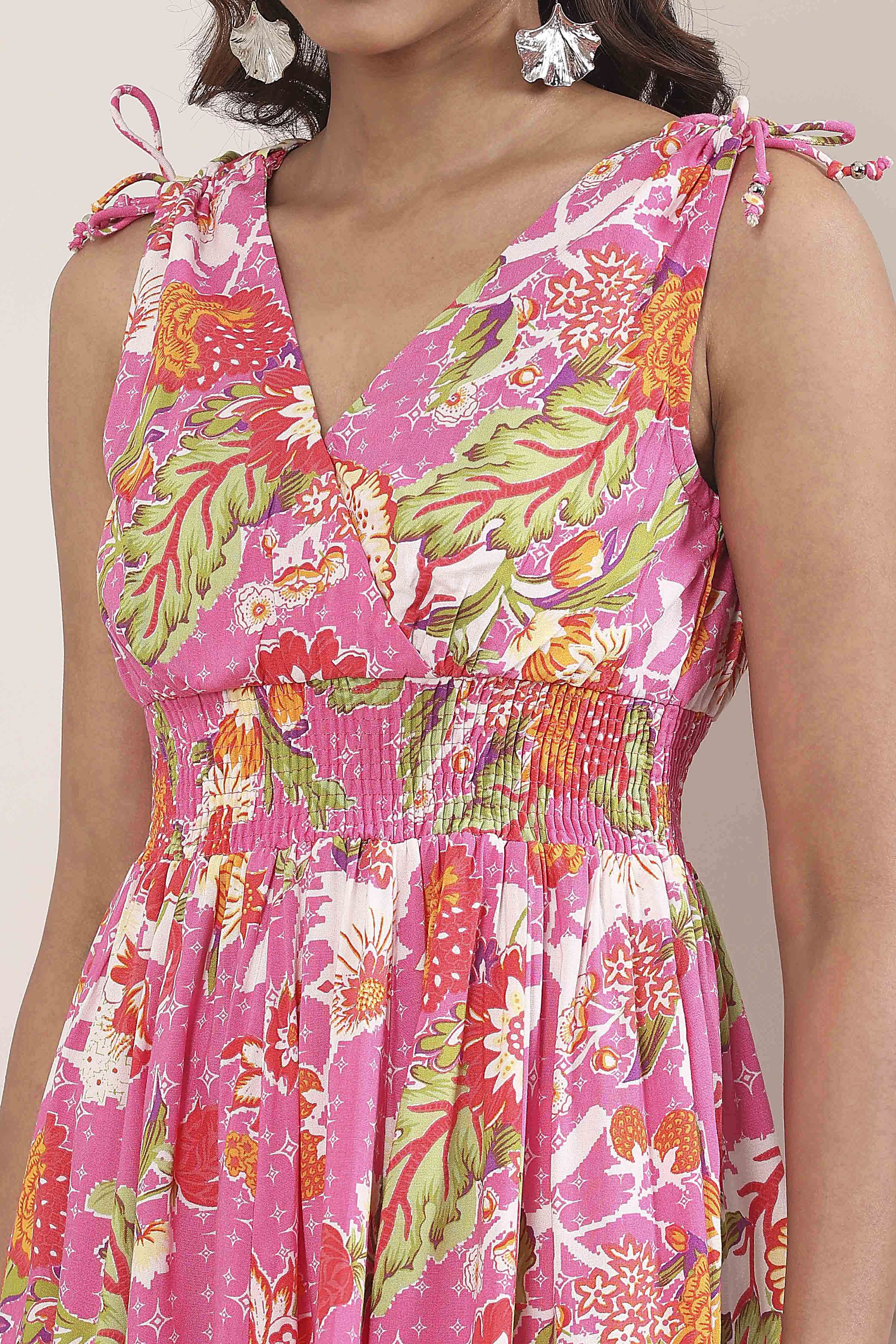 Pink Floral Printed Kalidar Flared Dress image number 1