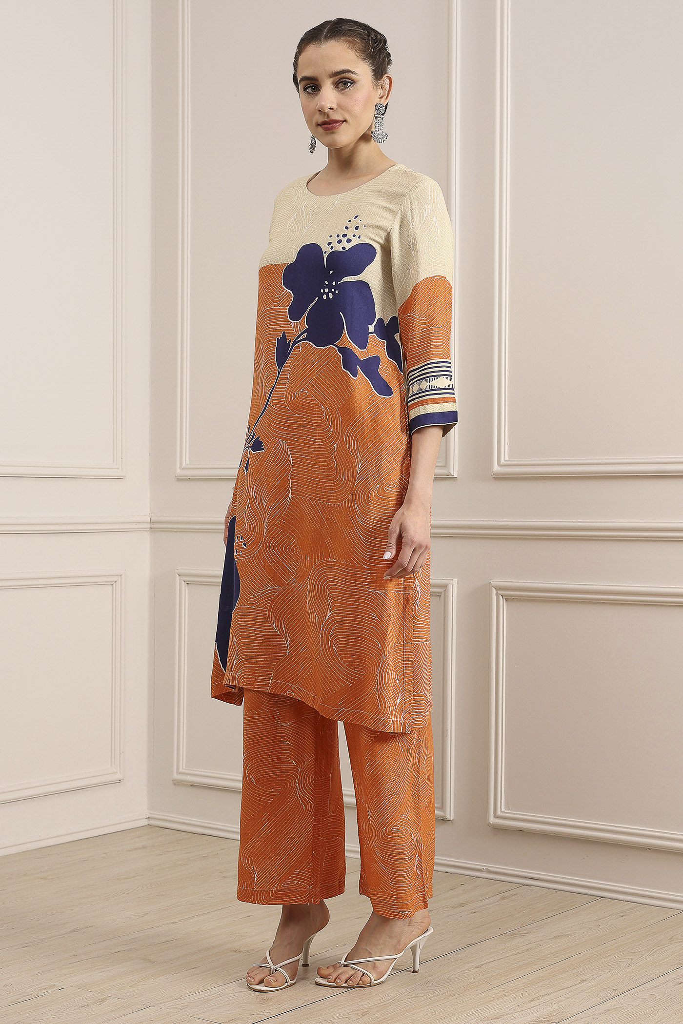 Orange Viscose Rayon Straight Printed Fusion Set image number 3