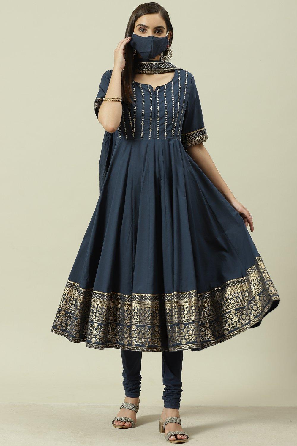 Navy Blue Embroidred Cotton Anarkali Suit Set image number 7
