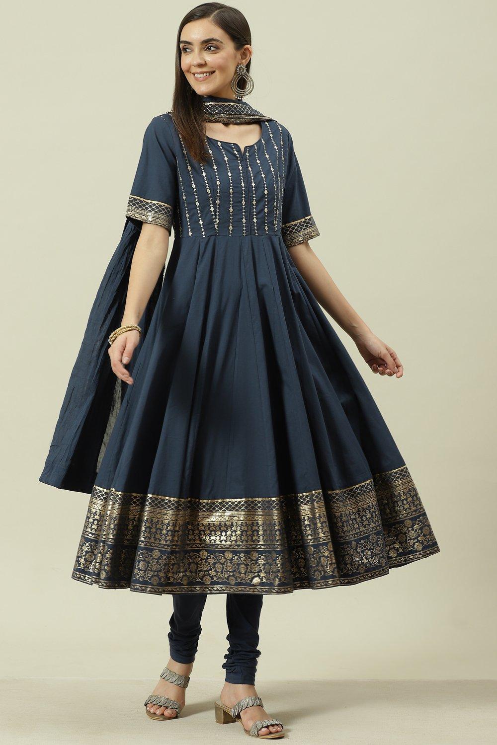 Navy Blue Embroidred Cotton Anarkali Suit Set image number 6