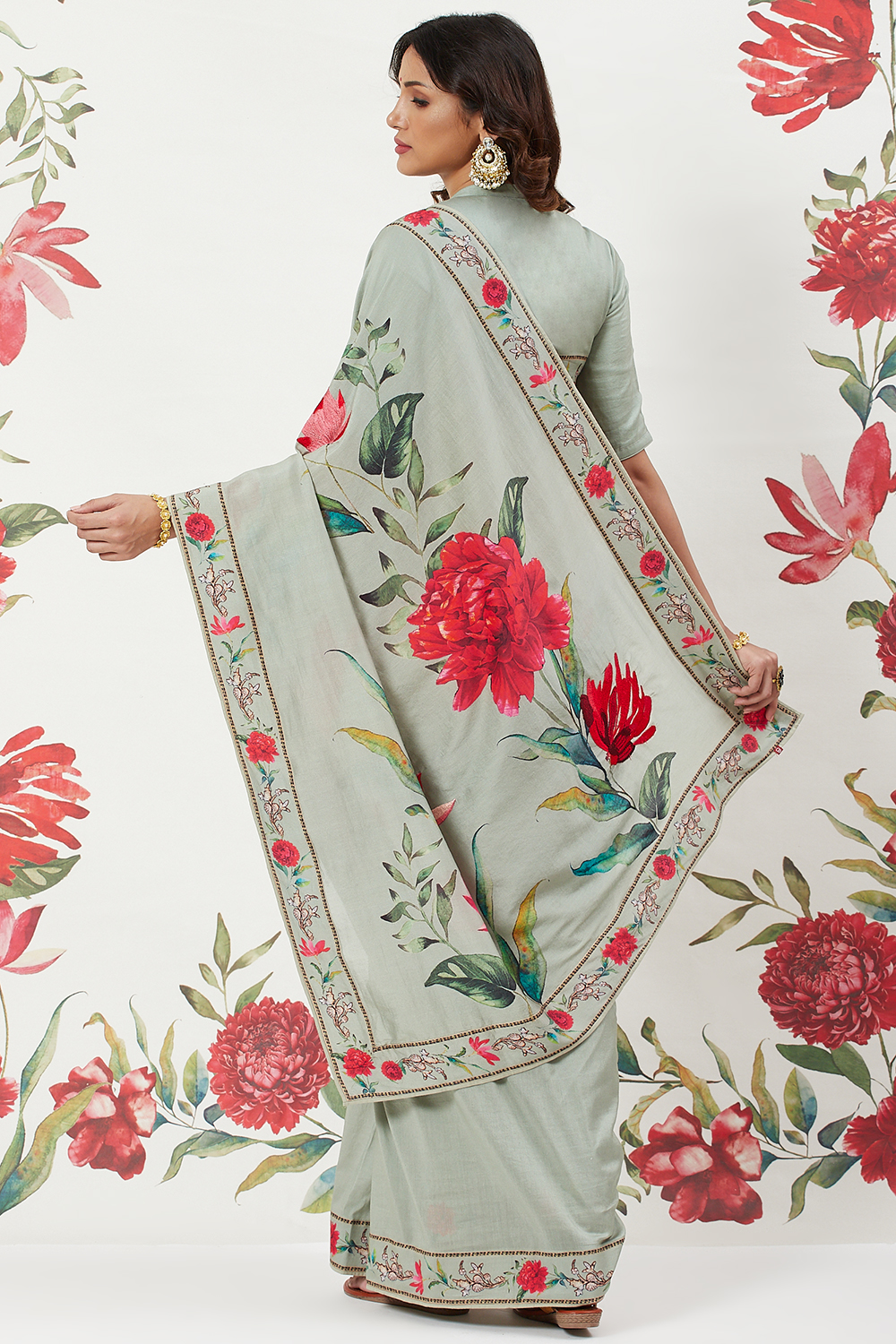 Rohit Bal Off White Chanderi Silk Printed Saree With Blouse image number 5