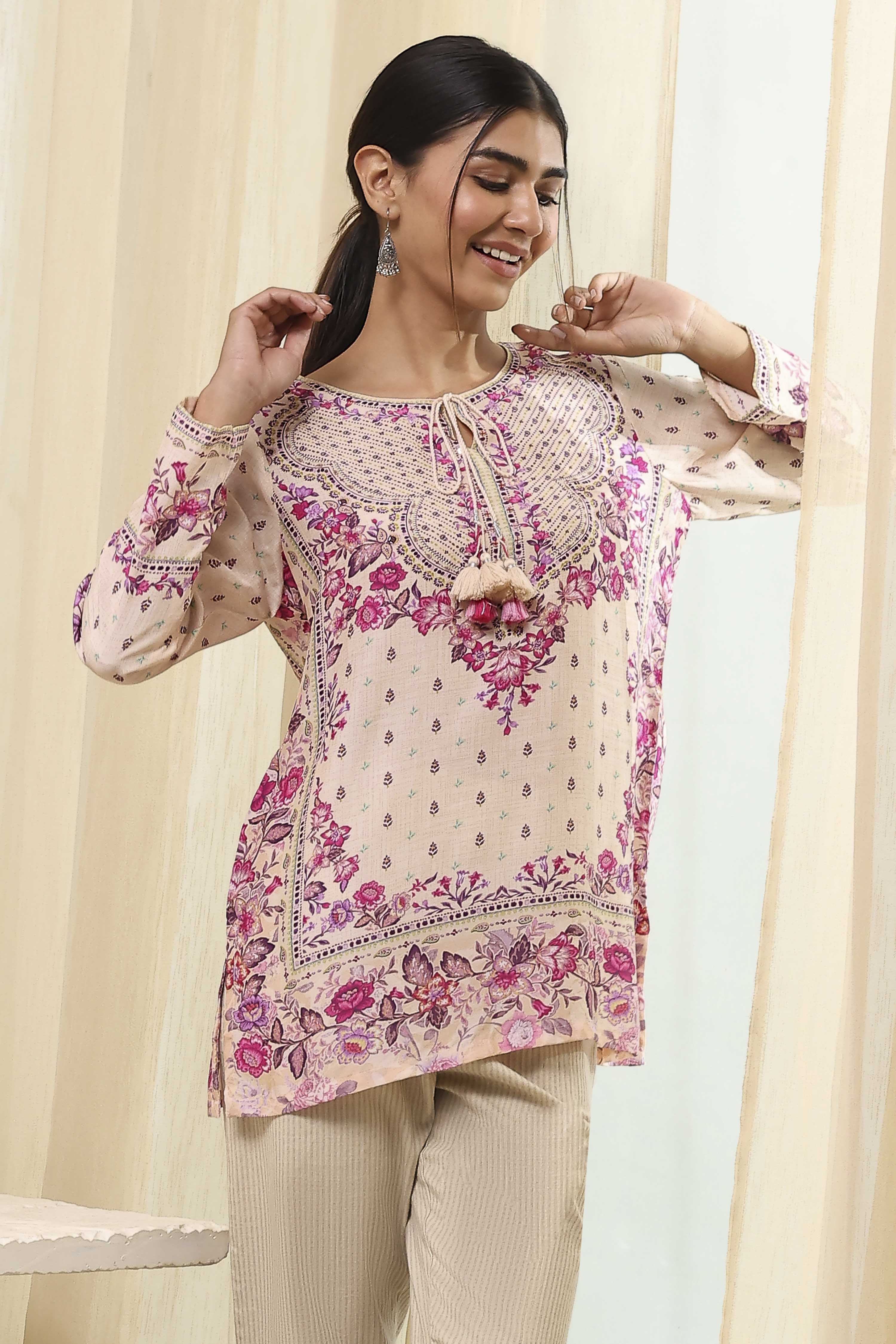 Off-White and Pink Modal Blend Straight Short Kurta image number 5