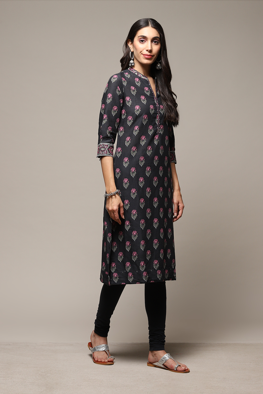 Black Cotton Straight Kurta Churidar Suit Set image number 5