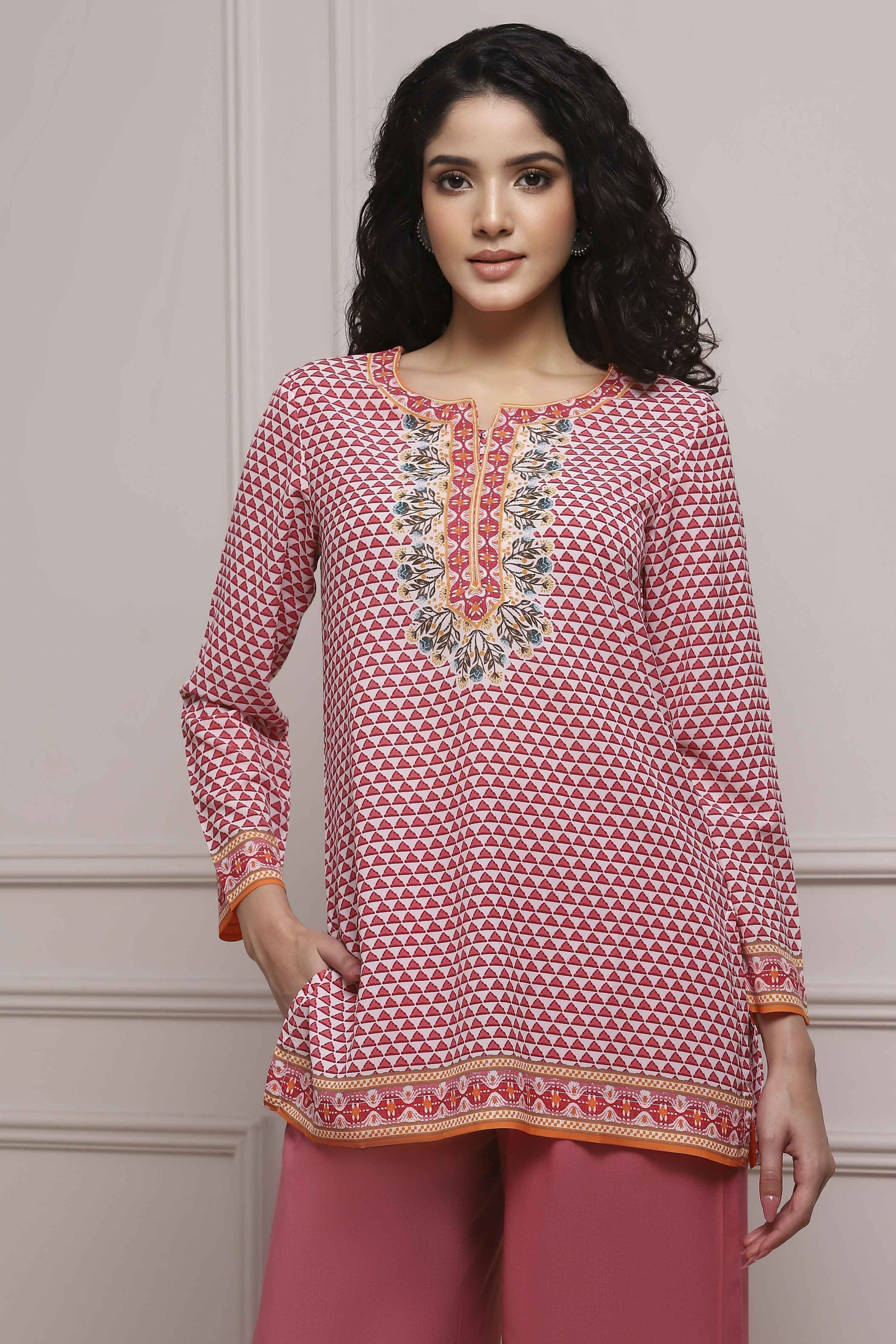 Blue Art Silk Printed Straight Short Kurta image number 6