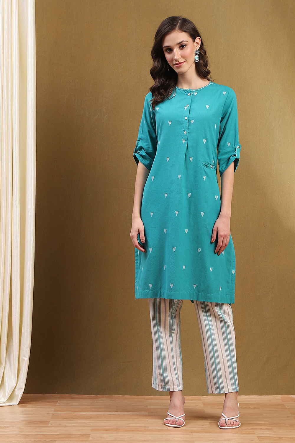 Orange Cotton Printed Straight Suit Set image number 7