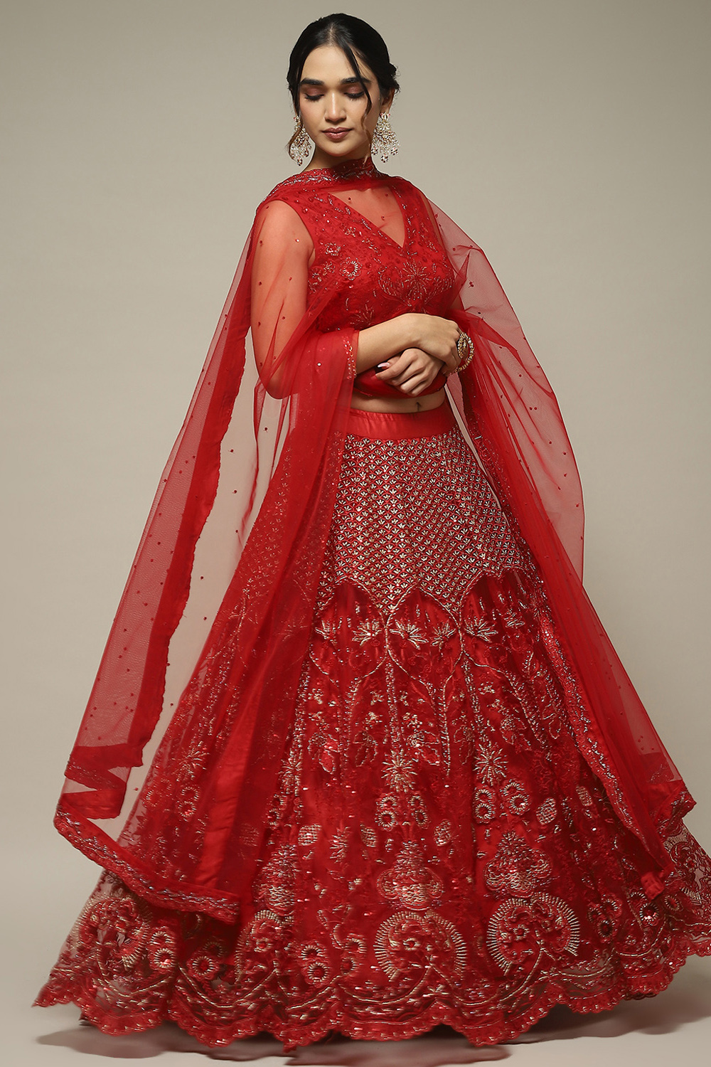 Red Nylon Embroidered Lehenga Set image number 6