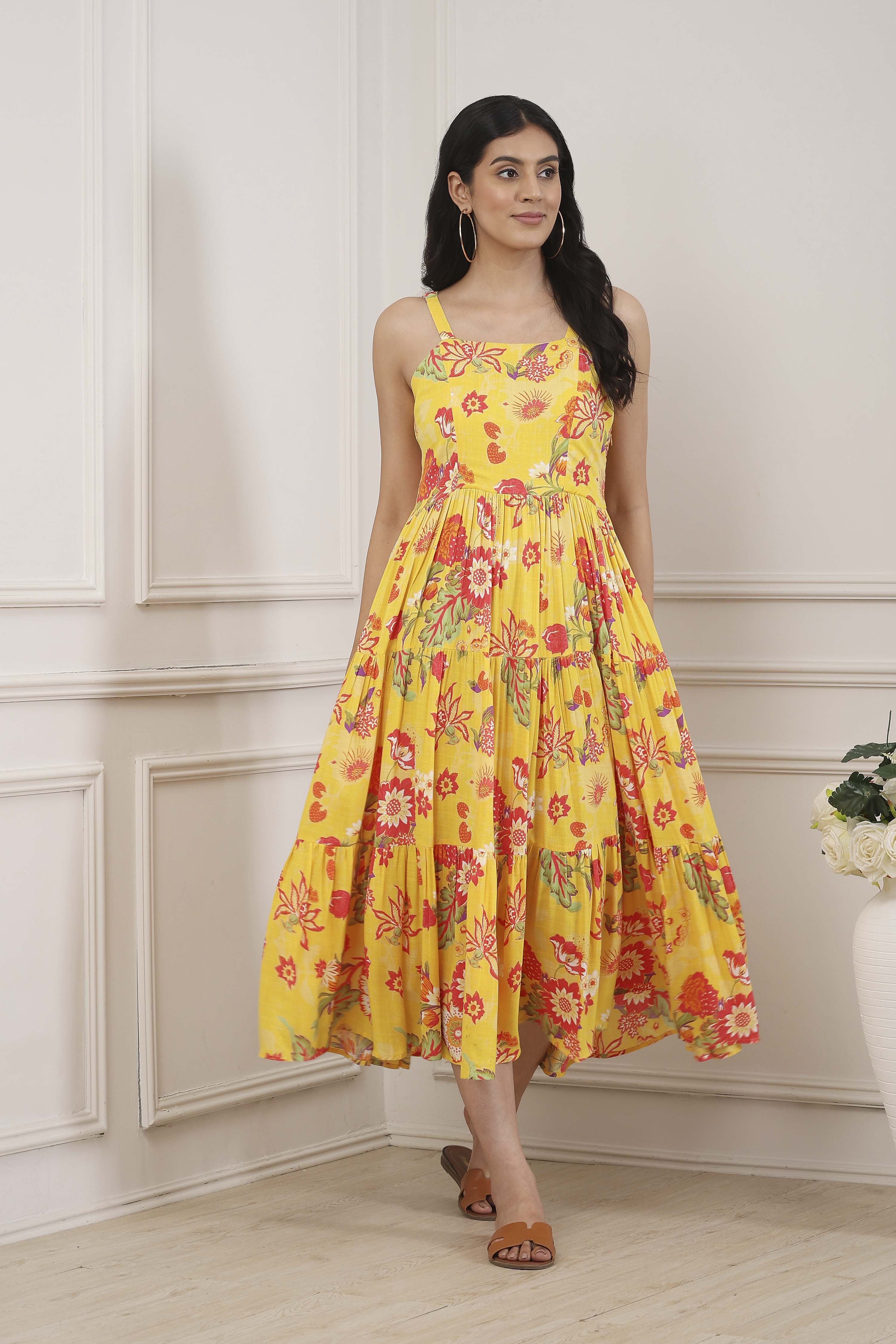 Yellow Floral Printed Strappy Tiered Dress image number 0
