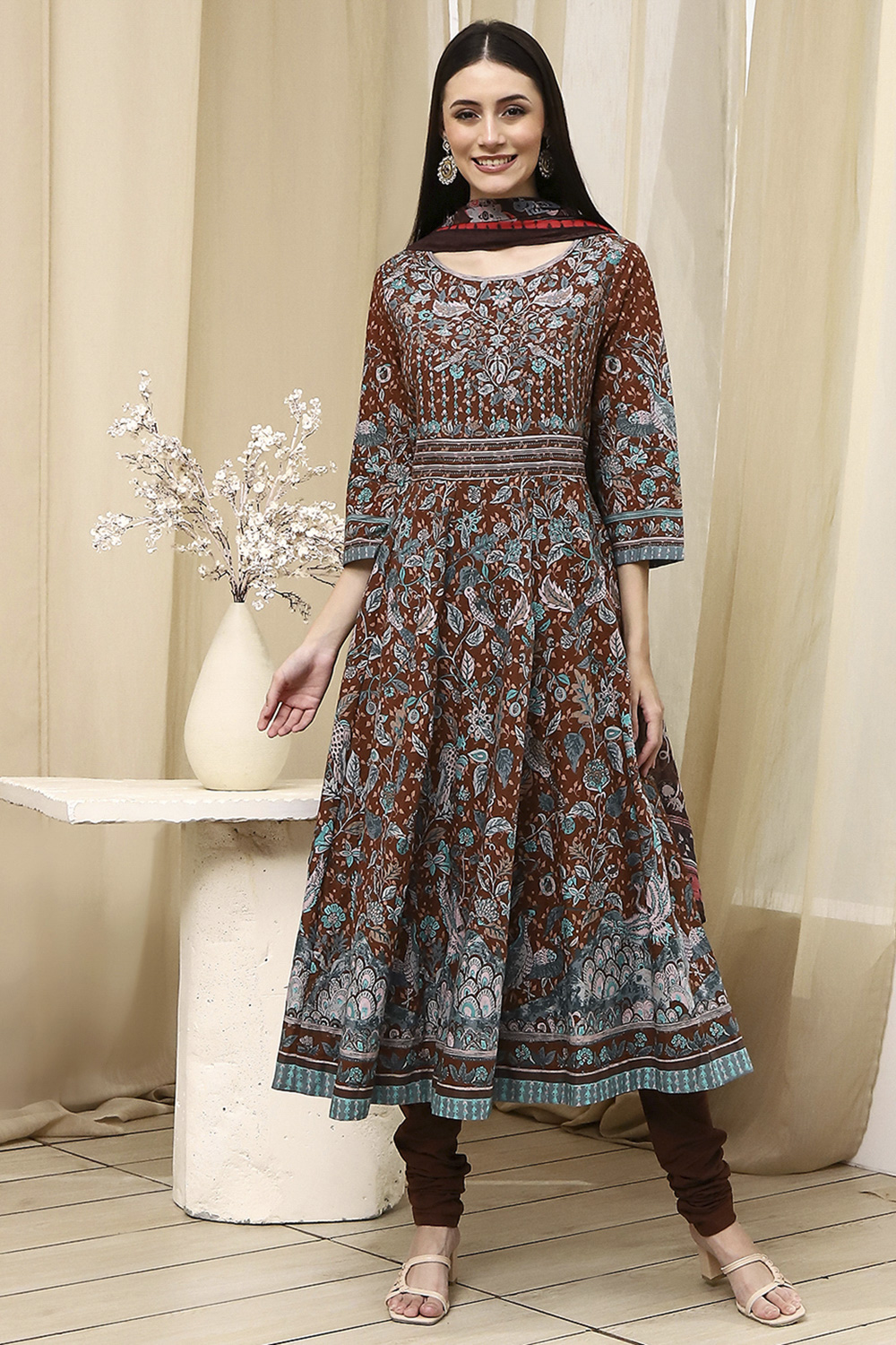 Black Cotton Fitted Anarkali Suit Set image number 6