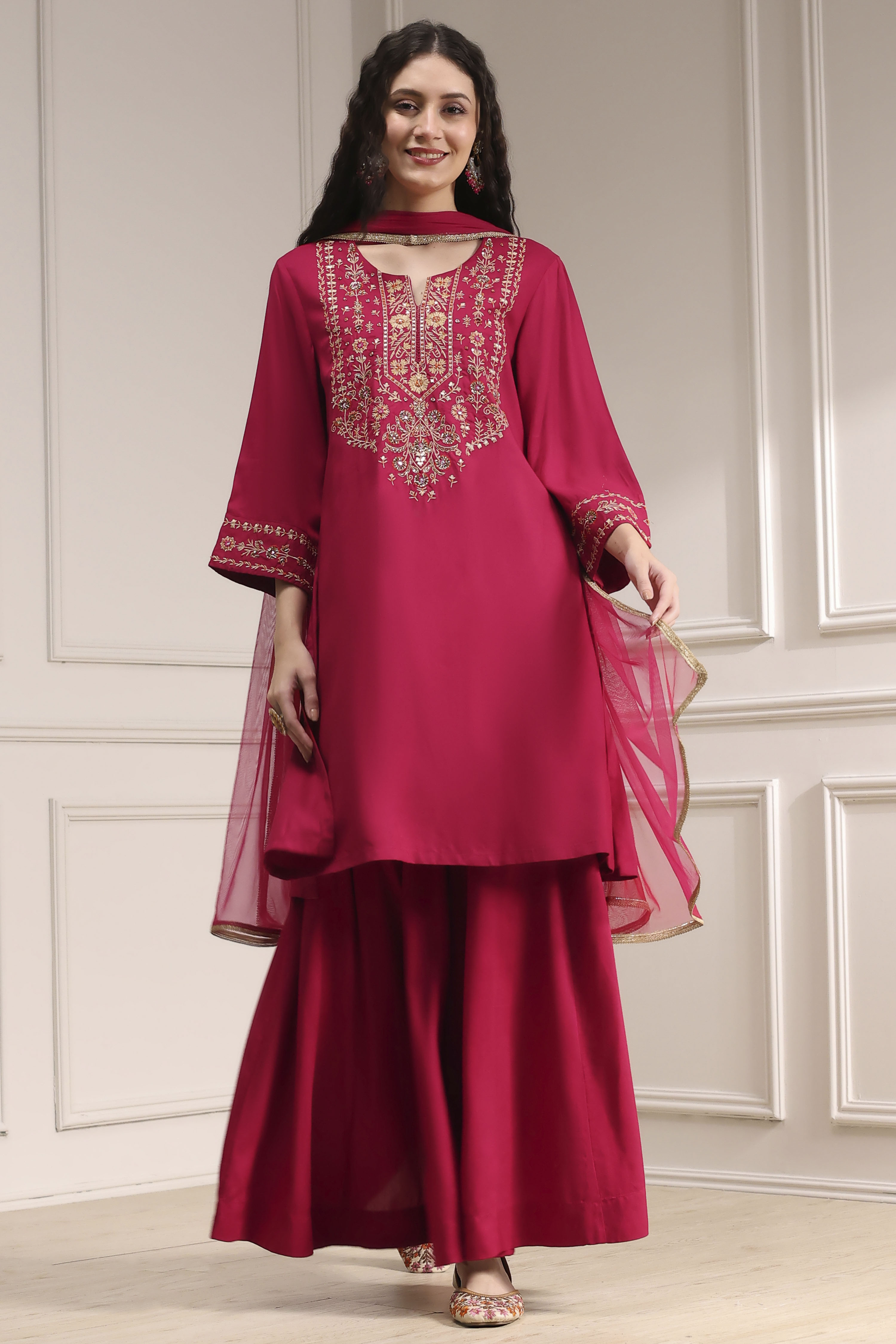 Navy Blue Embroidered Straight Suit Set image number 6