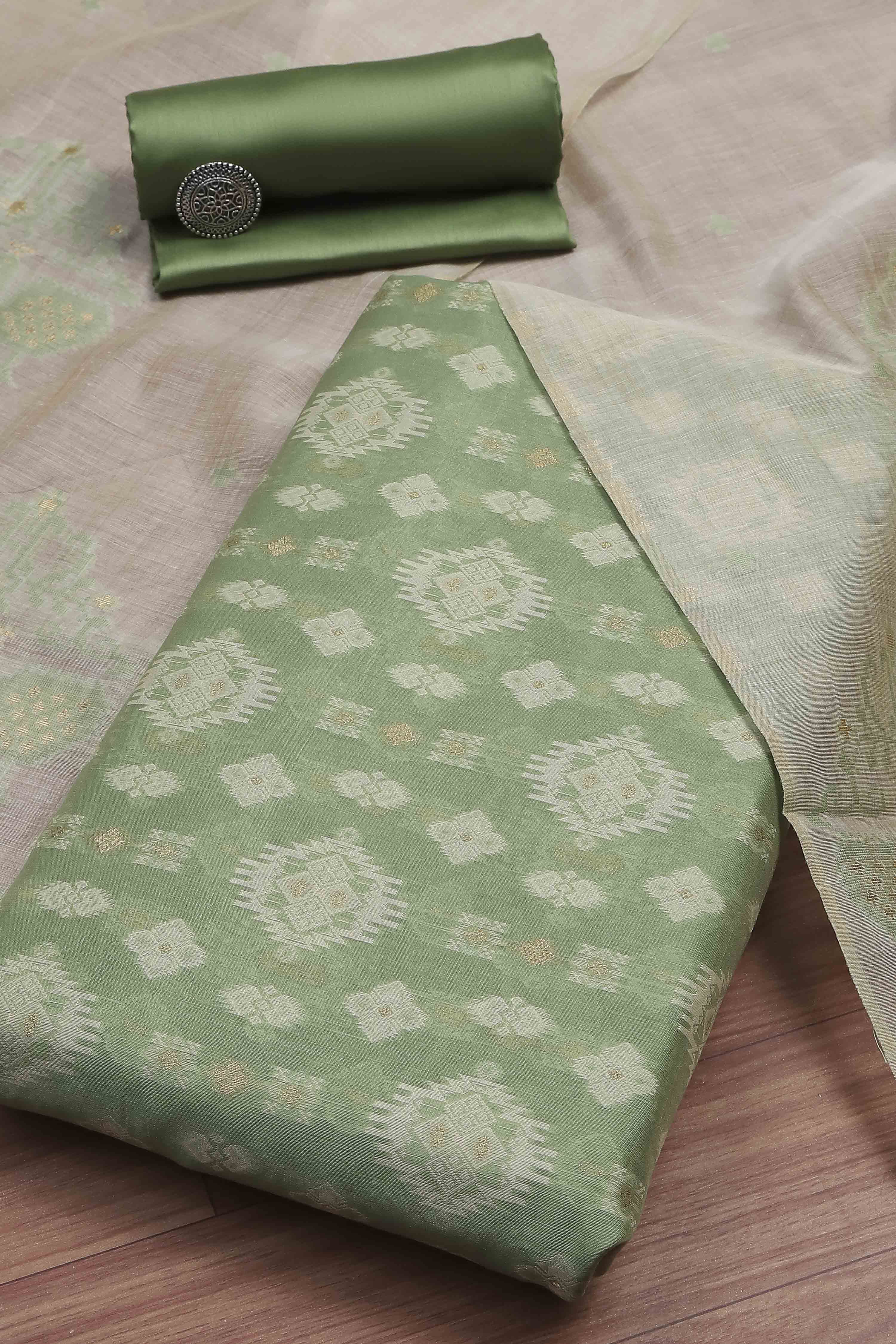 Green Cotton Jamdani Unstitched Suit Set image number 0