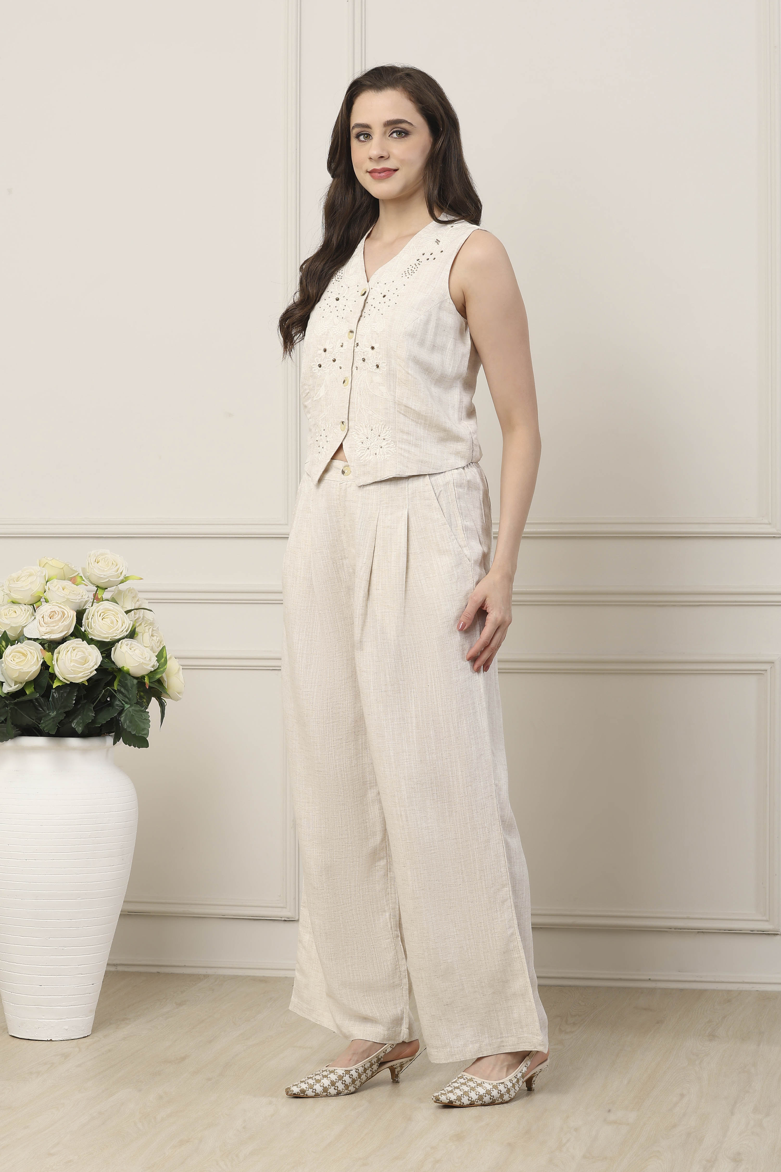 Beige Viscose Floral Embroidered Fusion Set image number 3