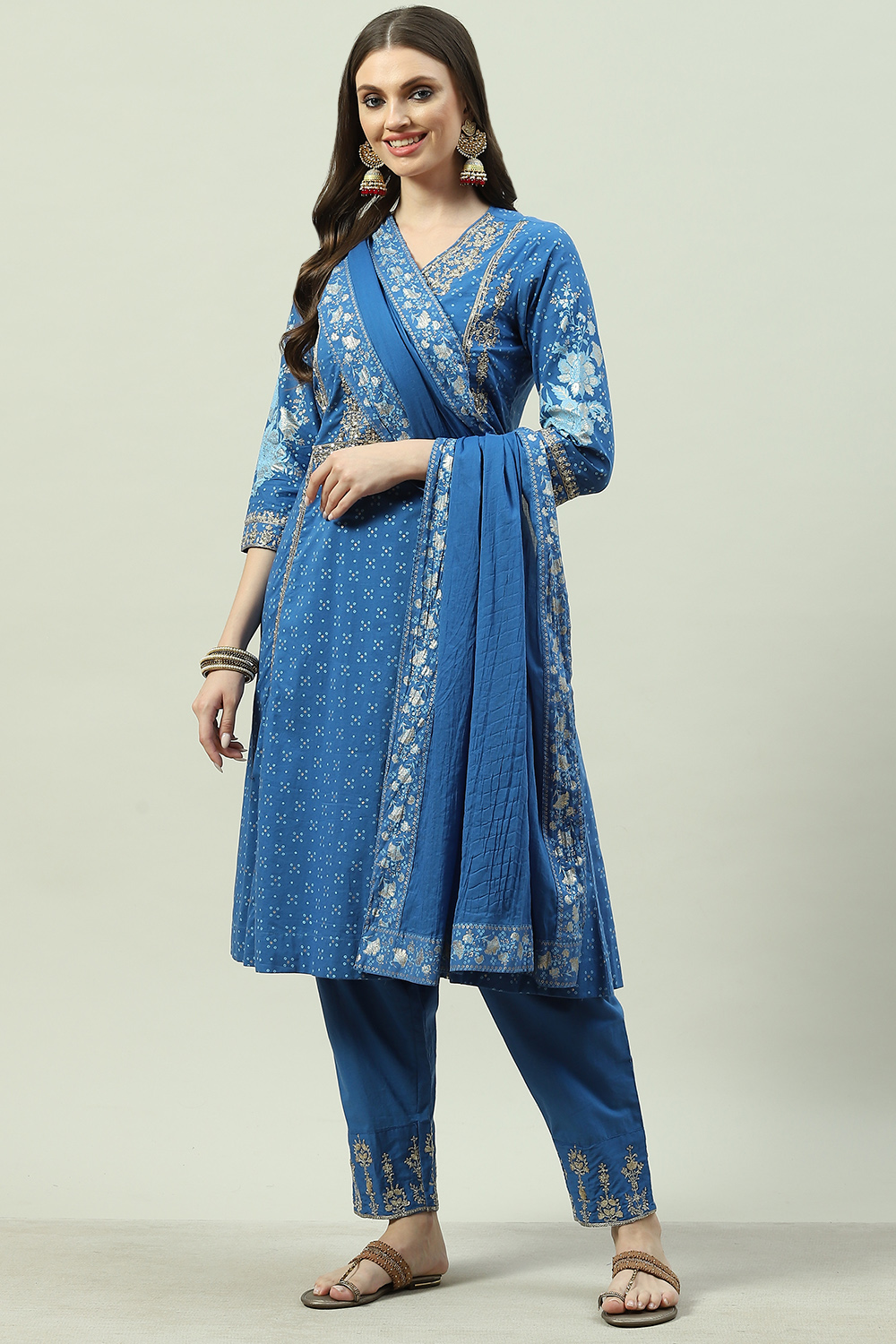 Blue Cotton Kalidar Kurta Relaxed Pants Suit Set image number 2