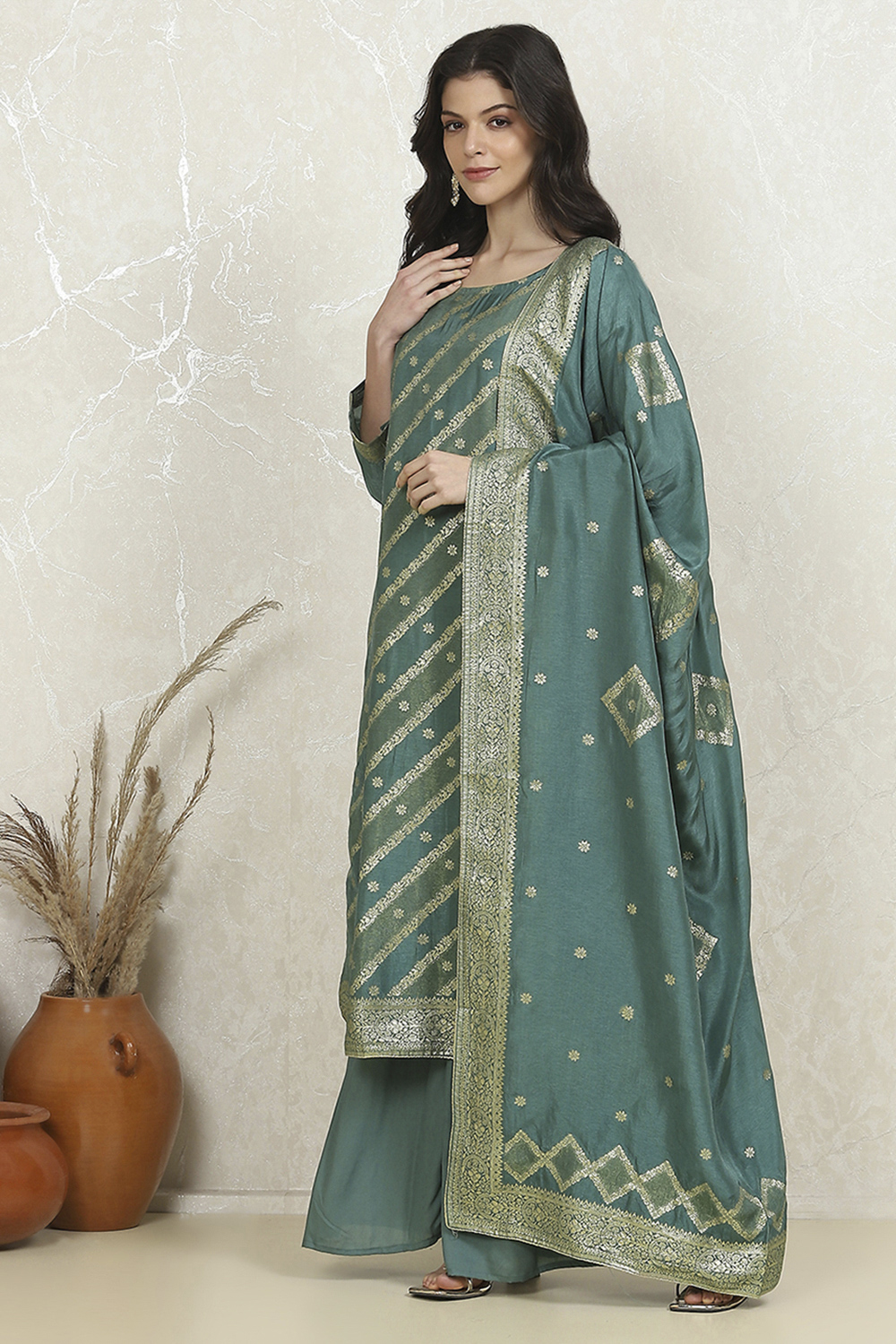 Pink Cotton Printed Embroidered Unstitched Suit Set image number 4