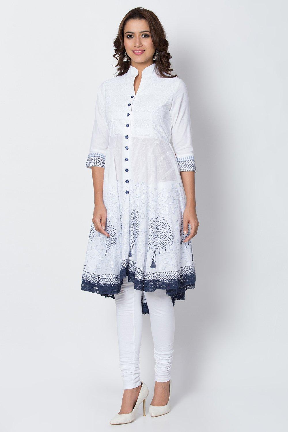 White & Blue Cotton Anarkali Kurta Churidar Suit Set image number 3