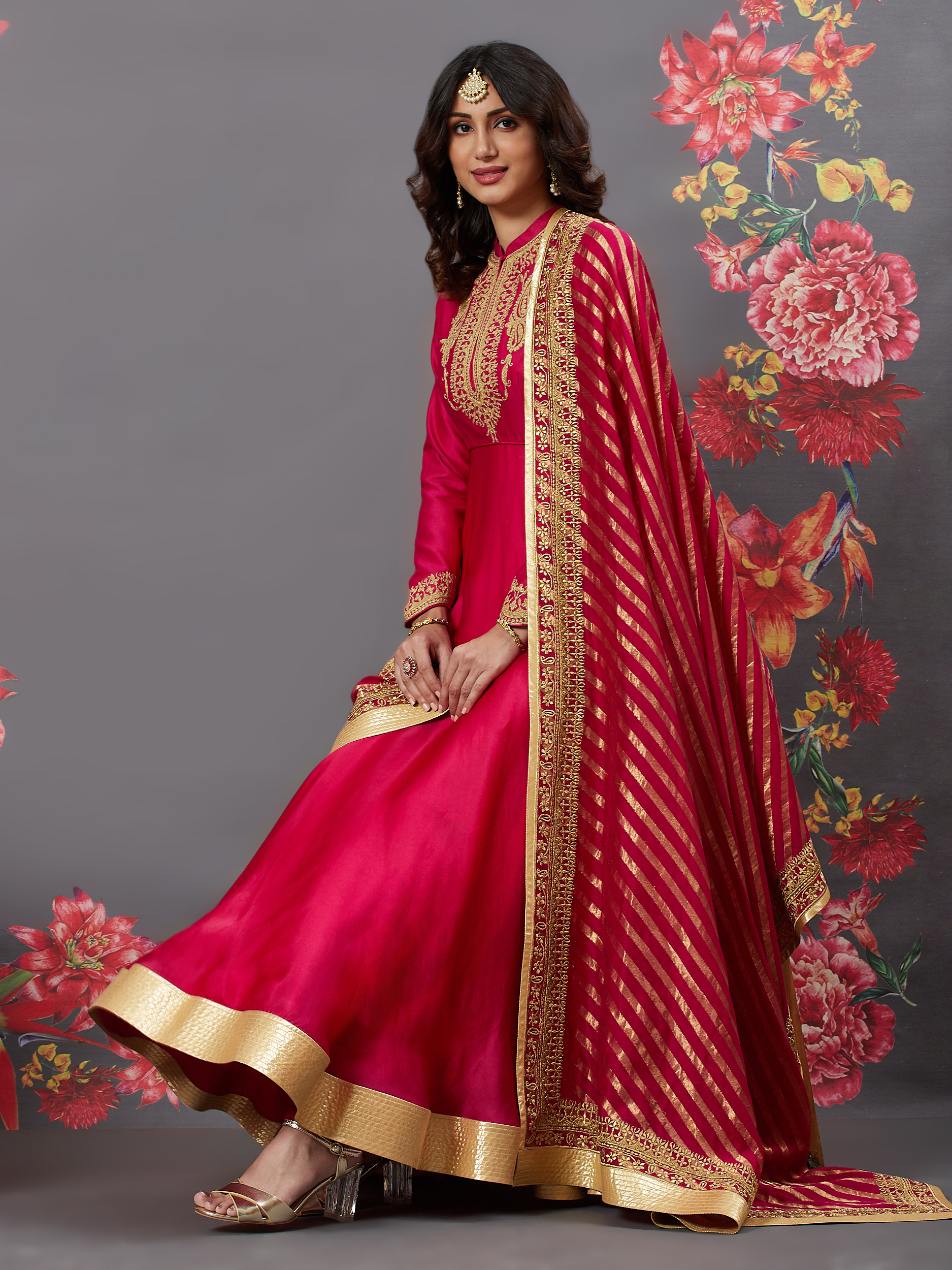 Rohit Bal Yellow Cotton Silk Anarkali image number 5