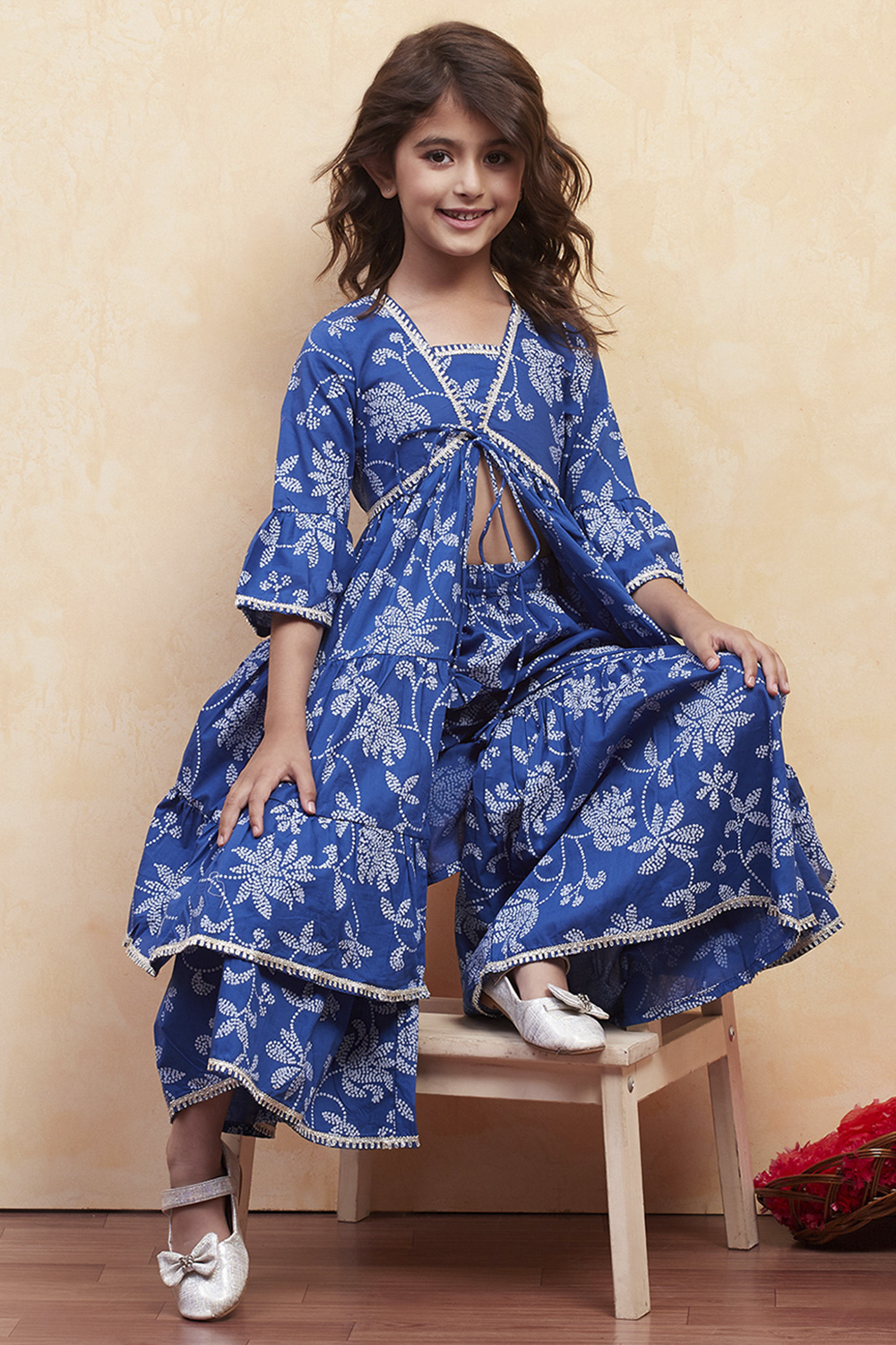 Orange Cotton Printed Tiered Kurta Set image number 0