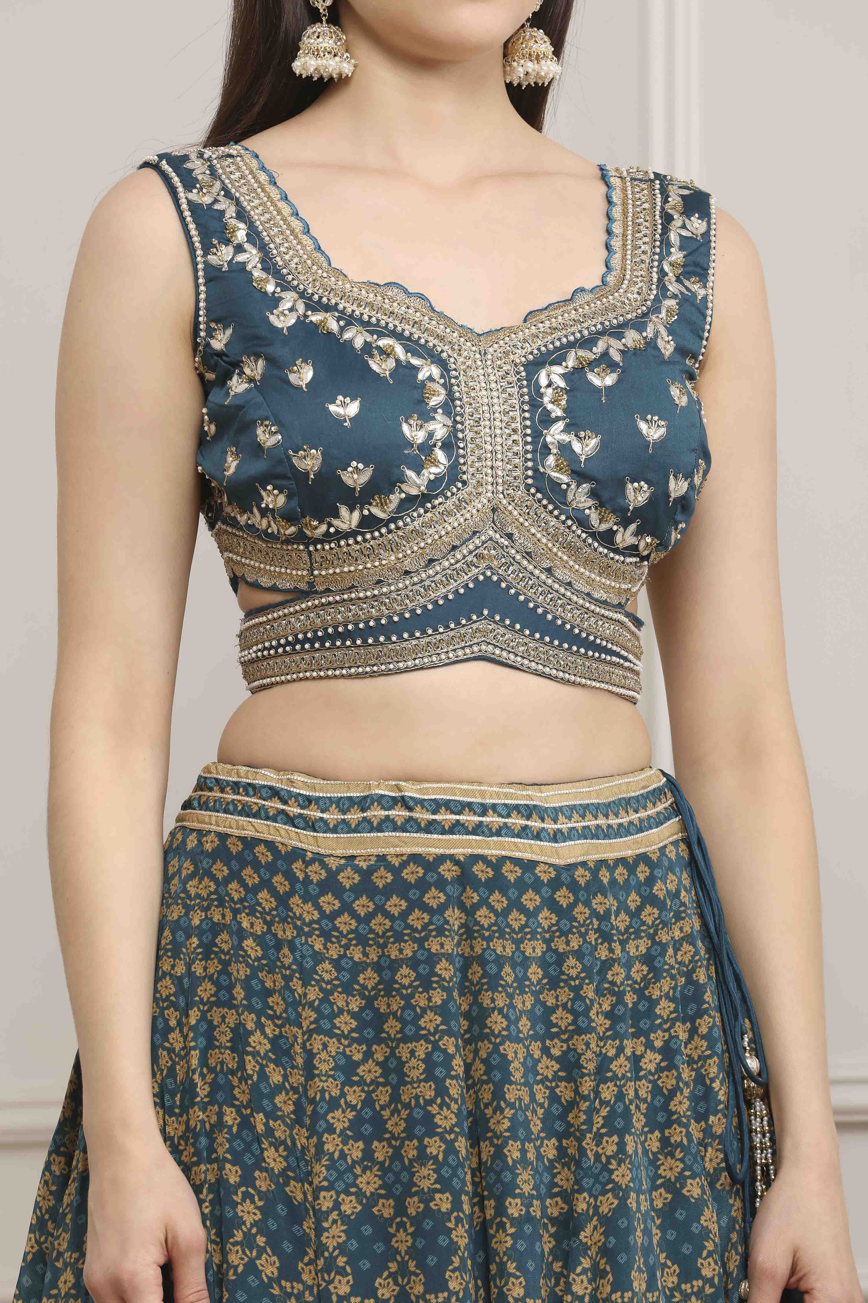 Teal Cotton Blend Dyed Lehenga Set image number 1
