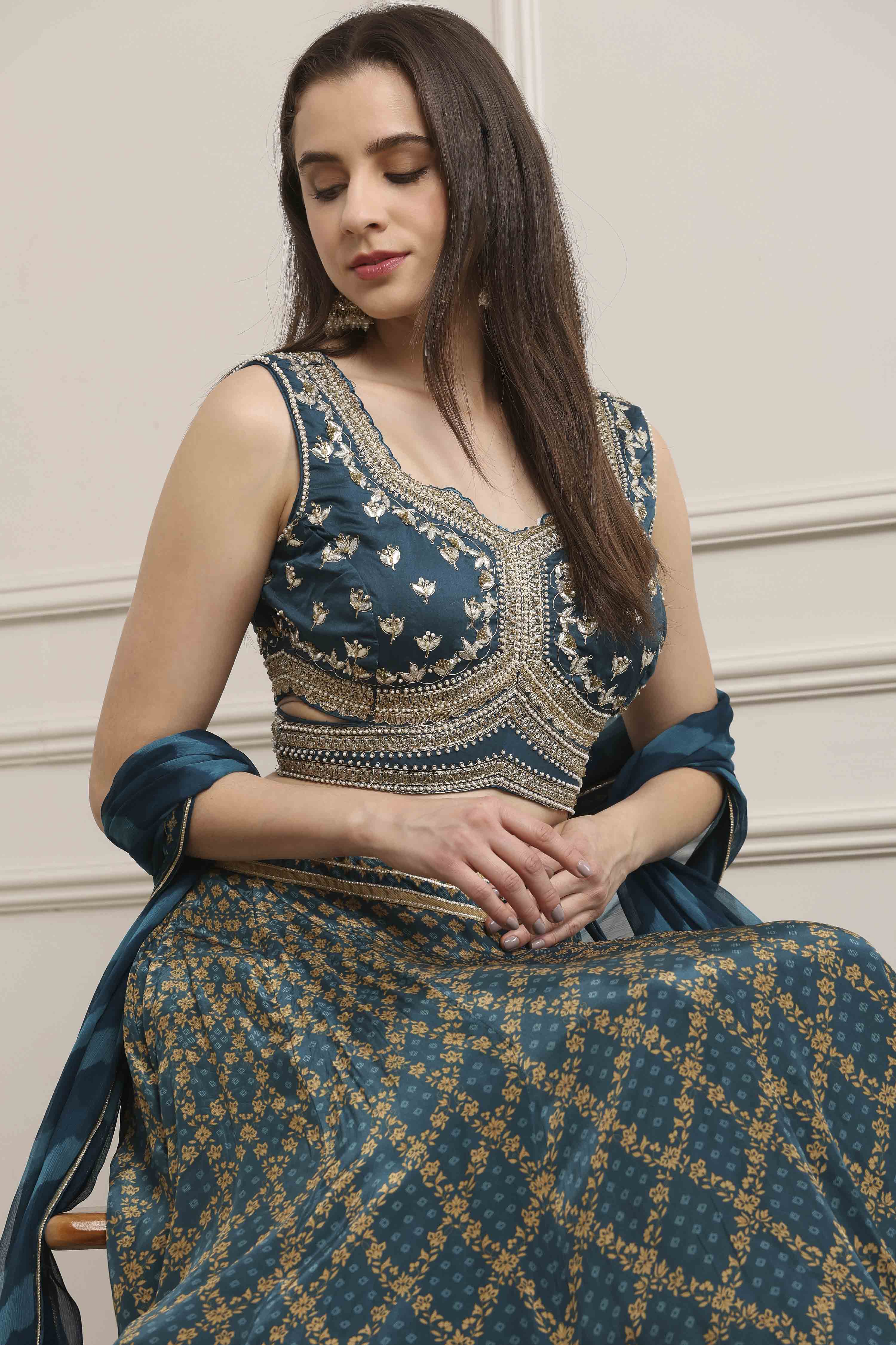 Teal Cotton Blend Dyed Lehenga Set image number 0