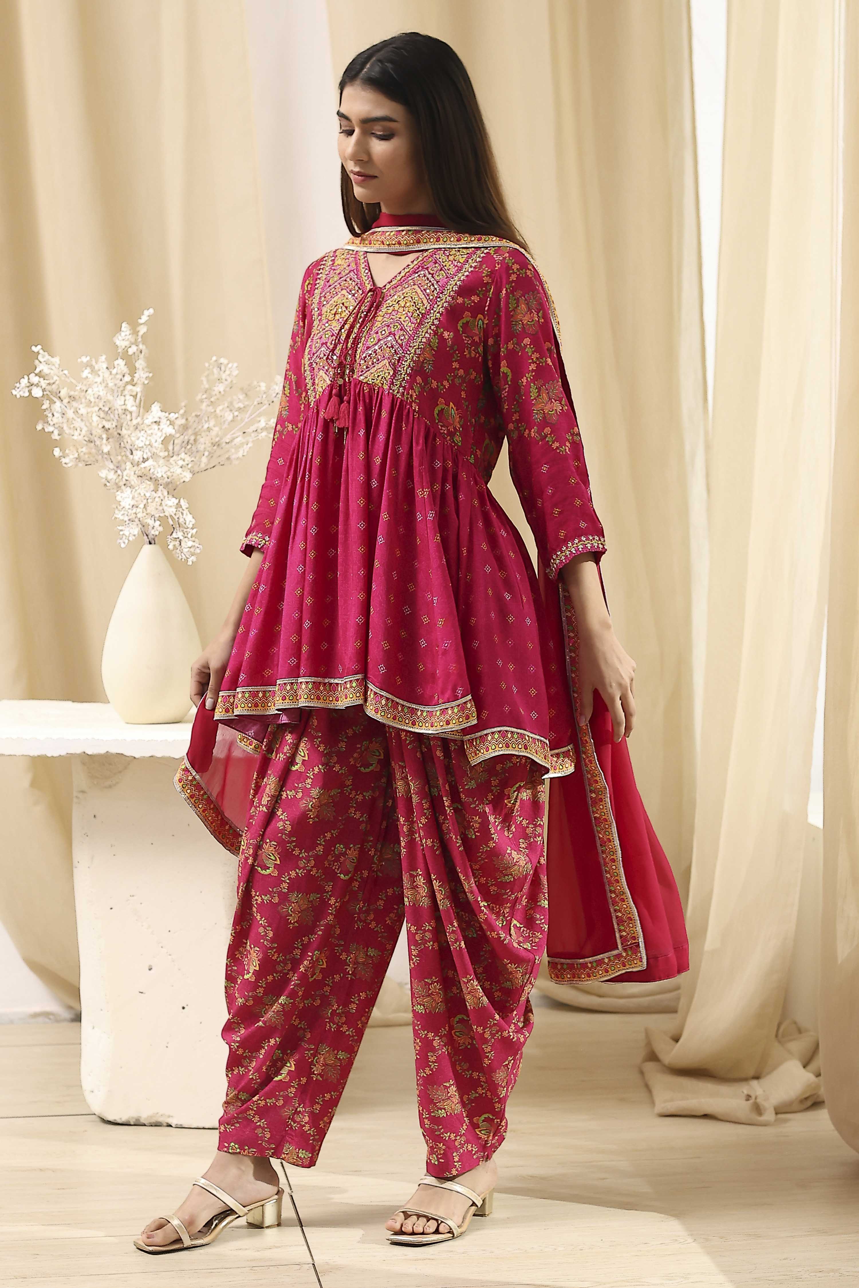 Fuchsia Viscose Floral Printed Peplum Suit Set image number 2