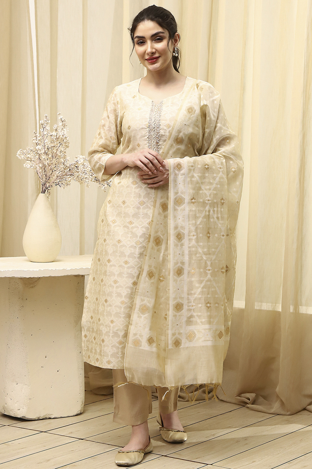 Beige Chanderi Jamdani Unstitched Suit Set image number 8