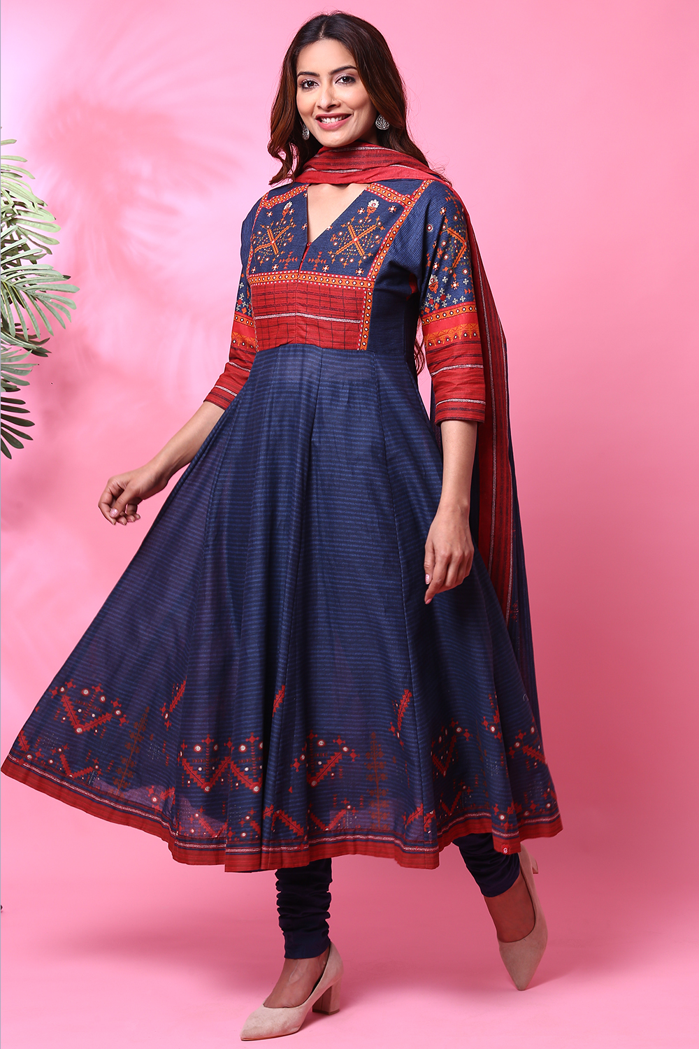 Blue Cotton Anarkali Kurta Churidar Suit Set image number 2
