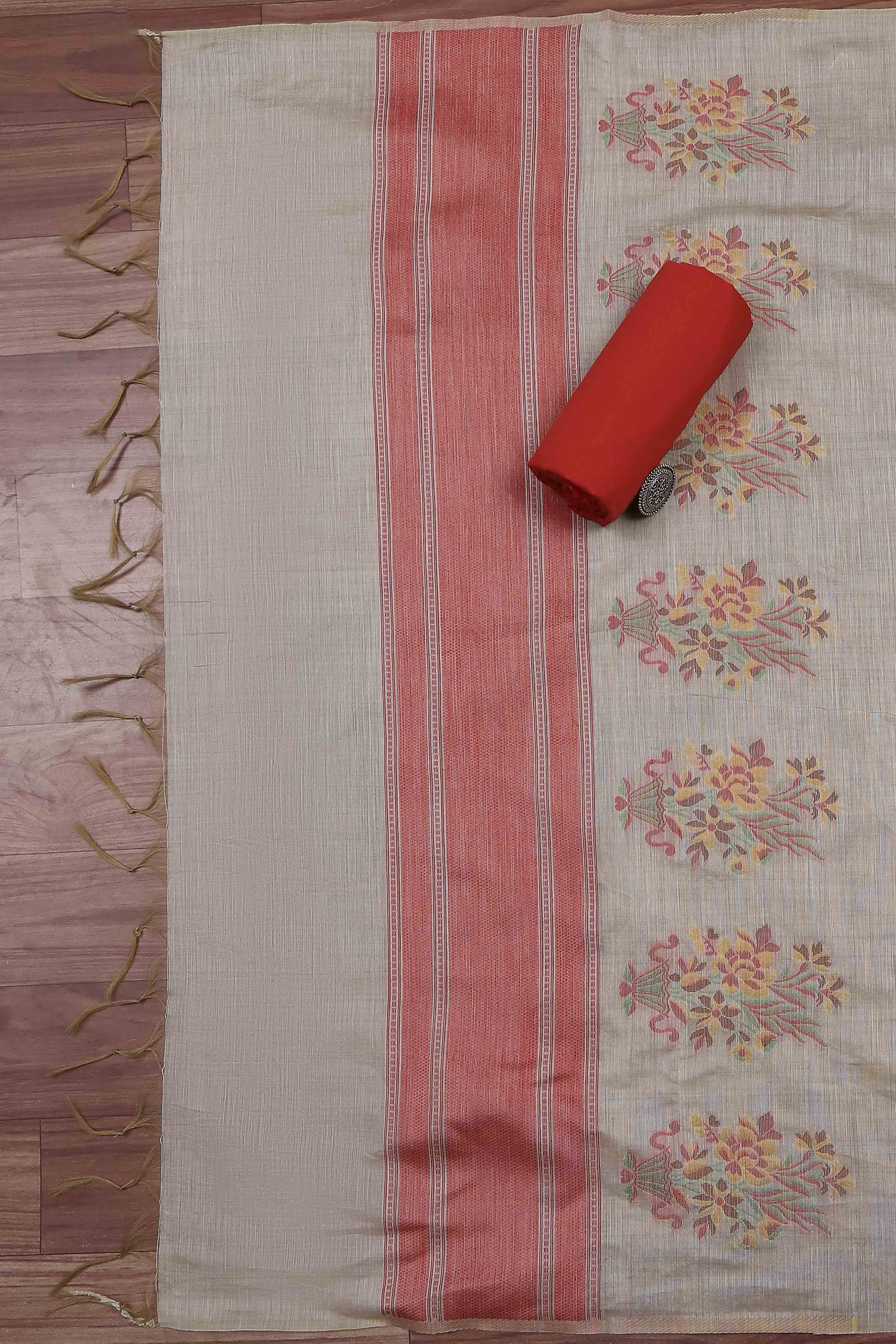 Rust Cotton Jamdani Unstitched Suit Set image number 3