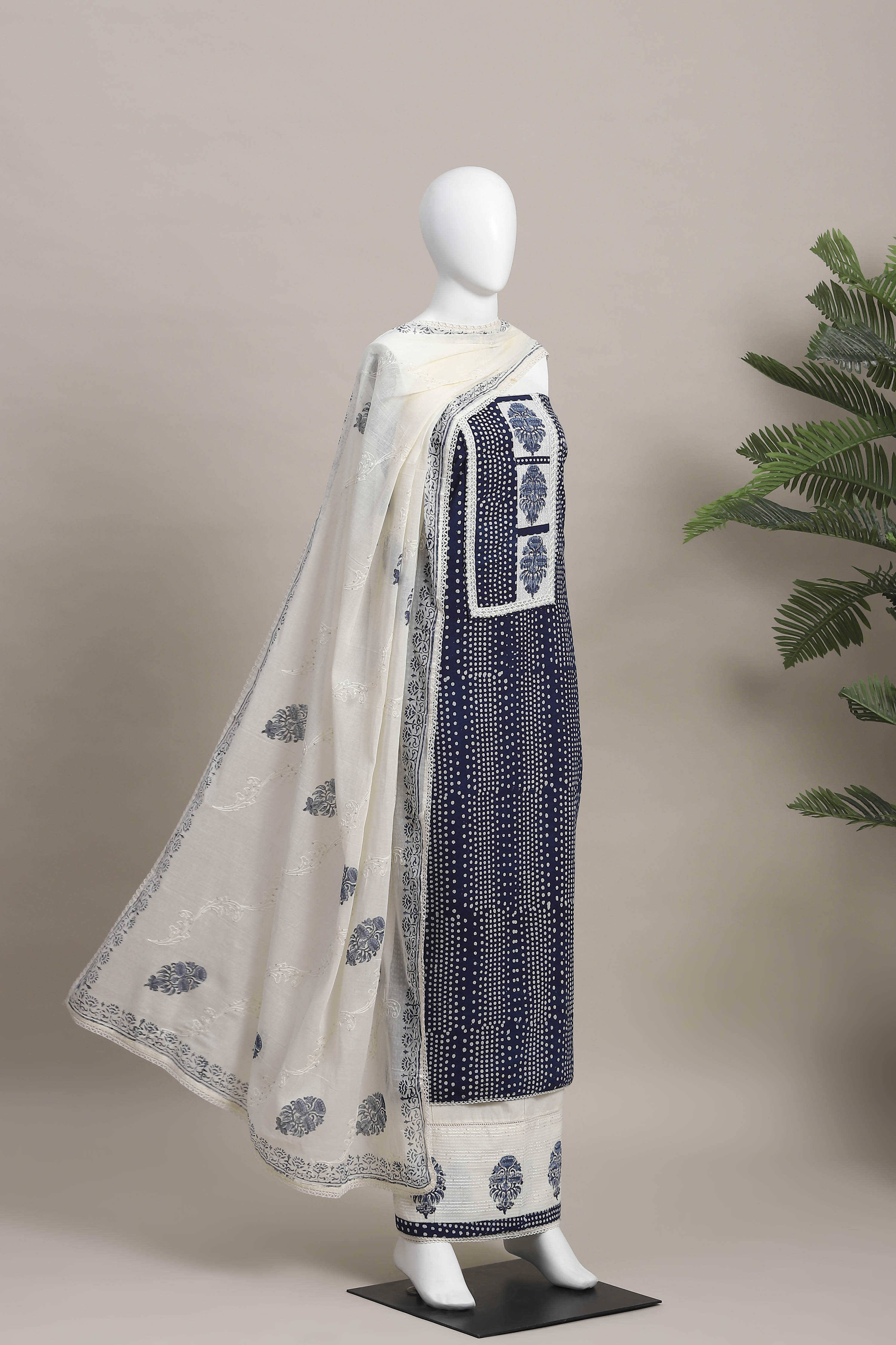Indigo Cotton Printed Embroidered Unstitched Suit Set image number 4