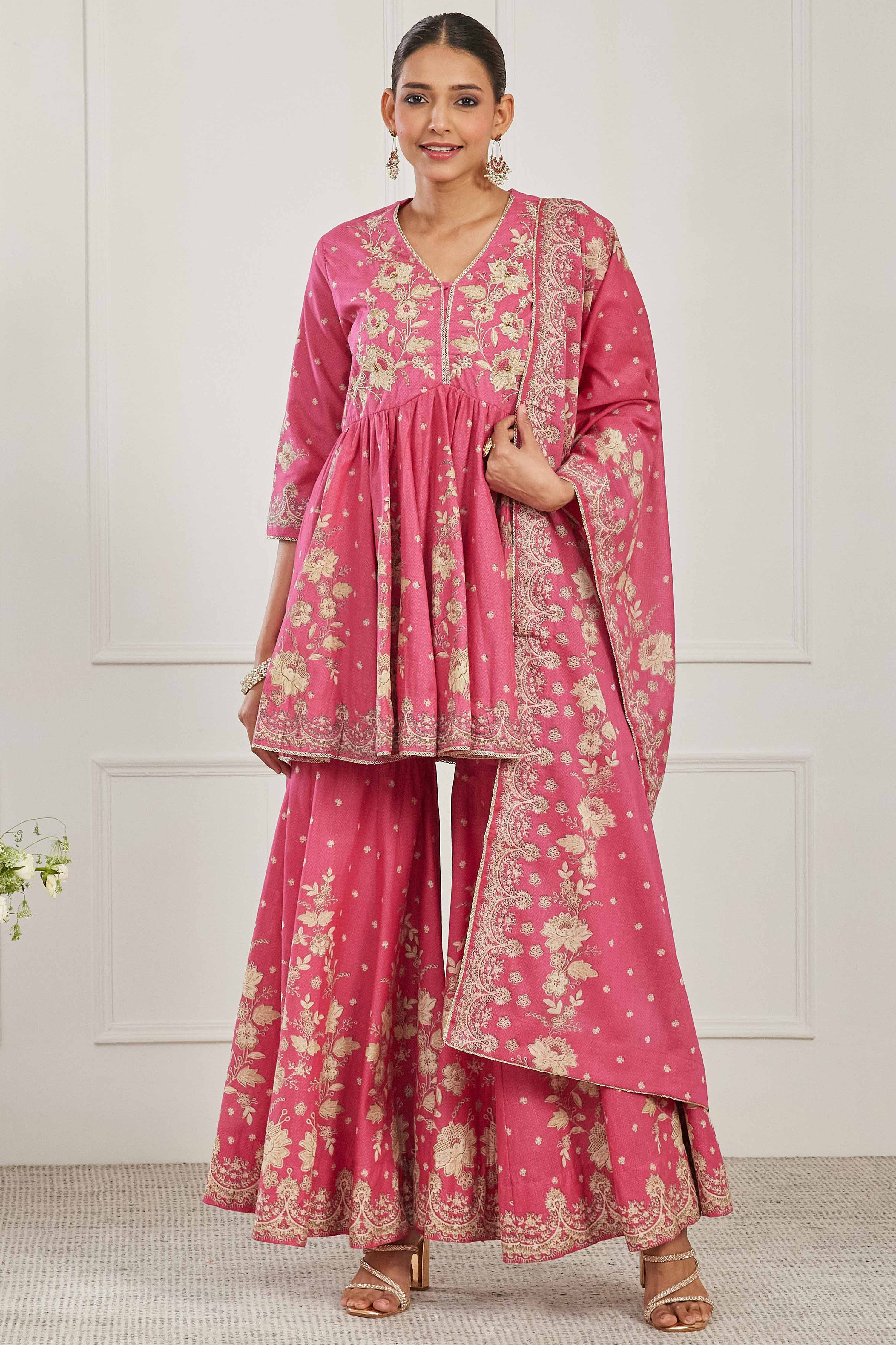 Pink Cotton Floral Embroidered Garara Kurta Set image number 0