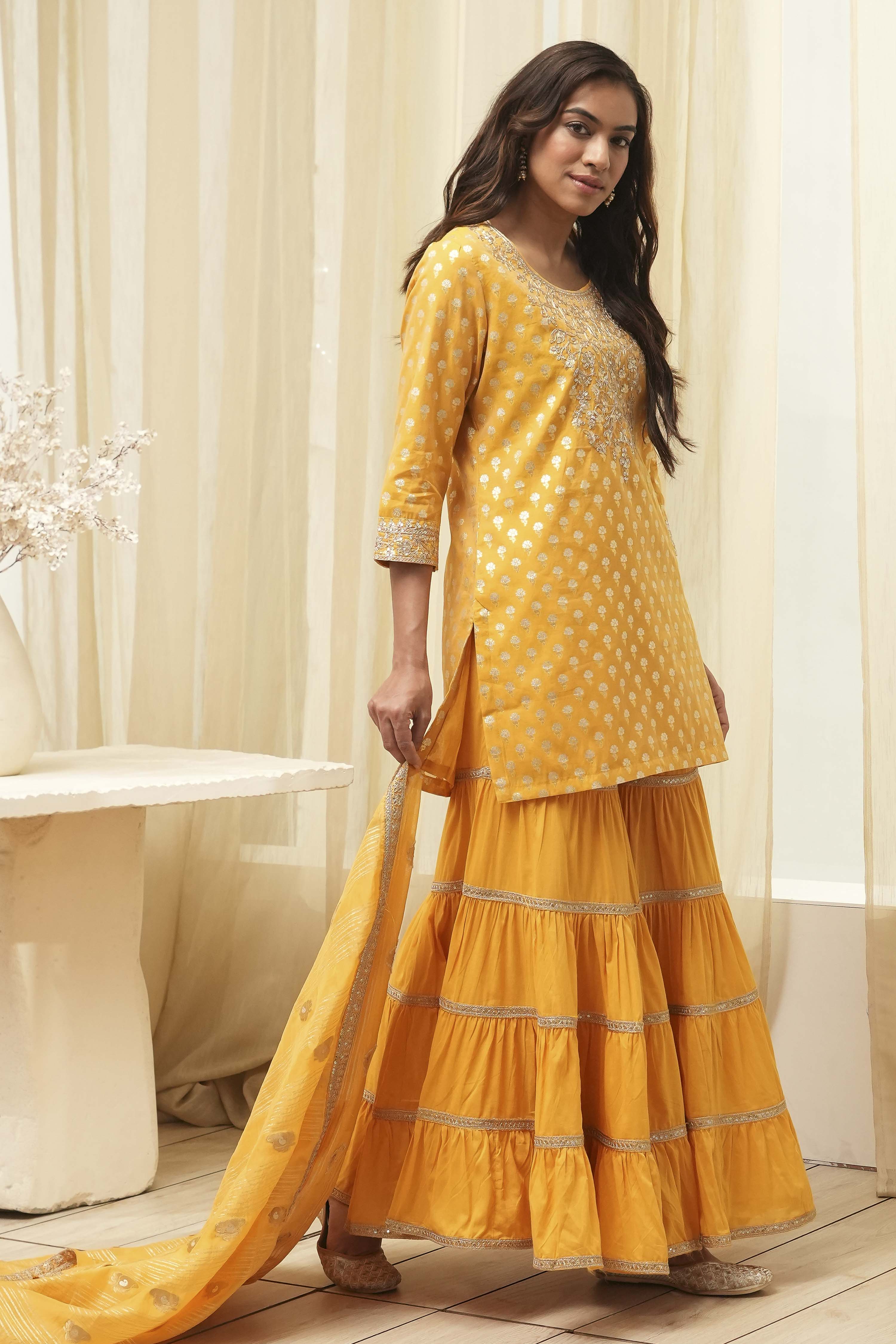 Ochre Yellow Embroidered Straight Suit Set image number 5