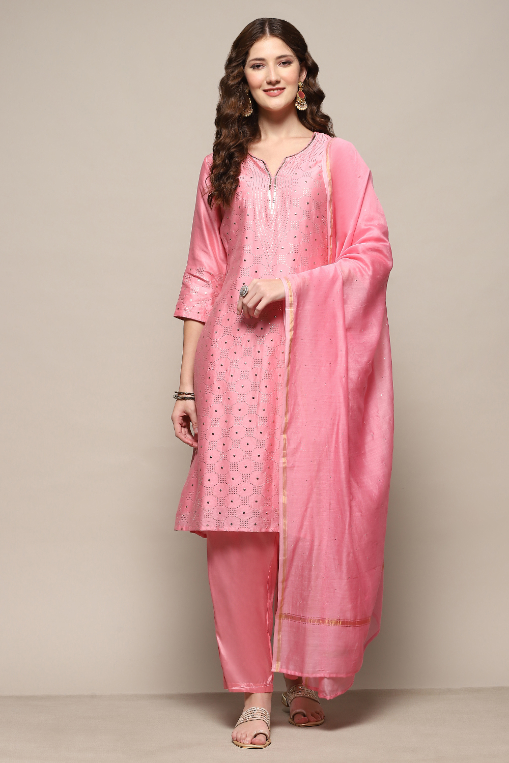 Pink Yard-Dyed Chanderi Kurta & Pants Suit Set image number 7