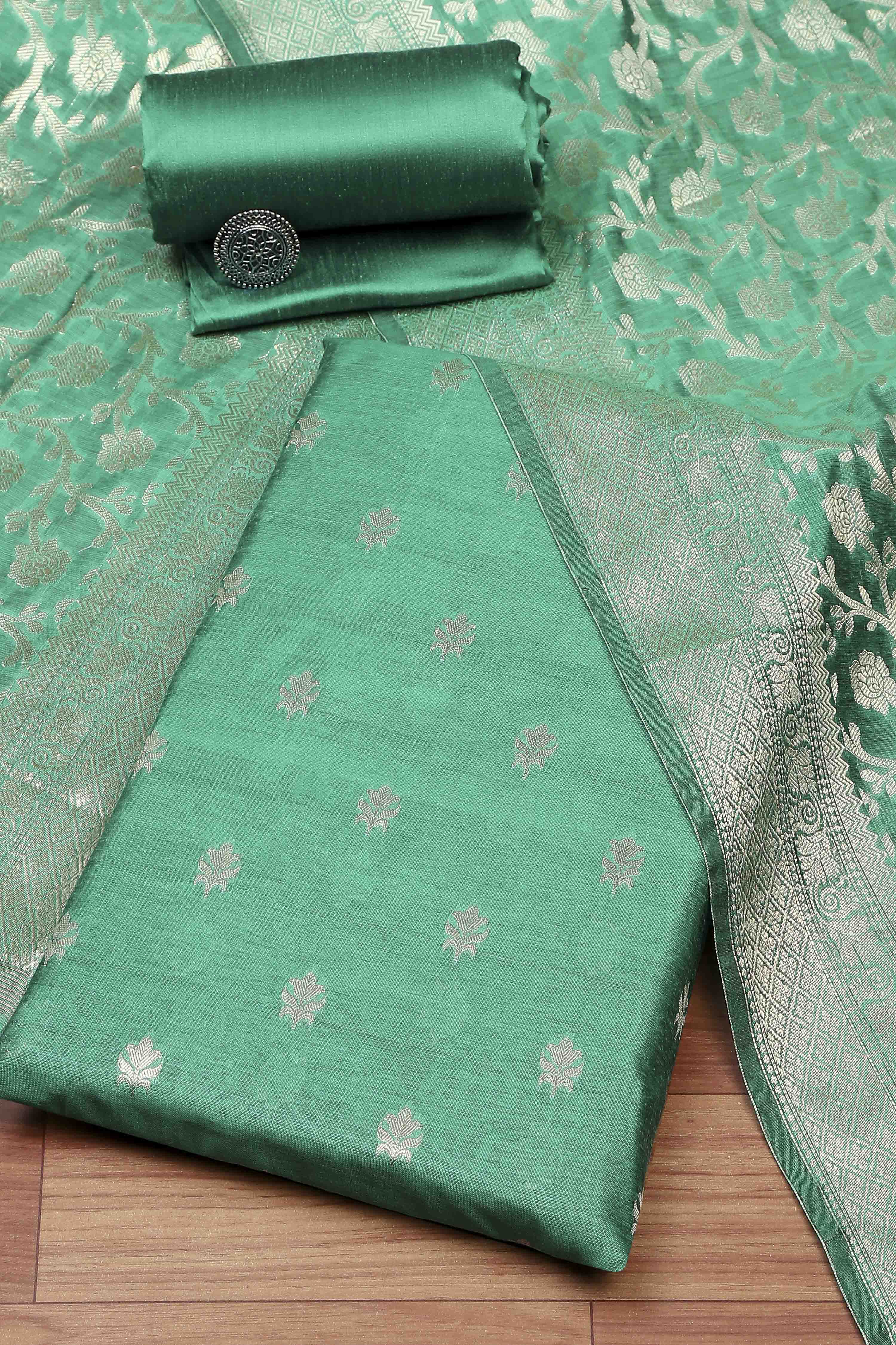Green Black Poly Cotton Banarasi Unstitched Suit Set image number 0