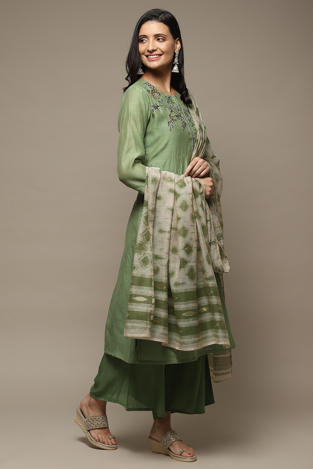 Green Cotton Machine Embroidered Unstitched Suit Set image number 7