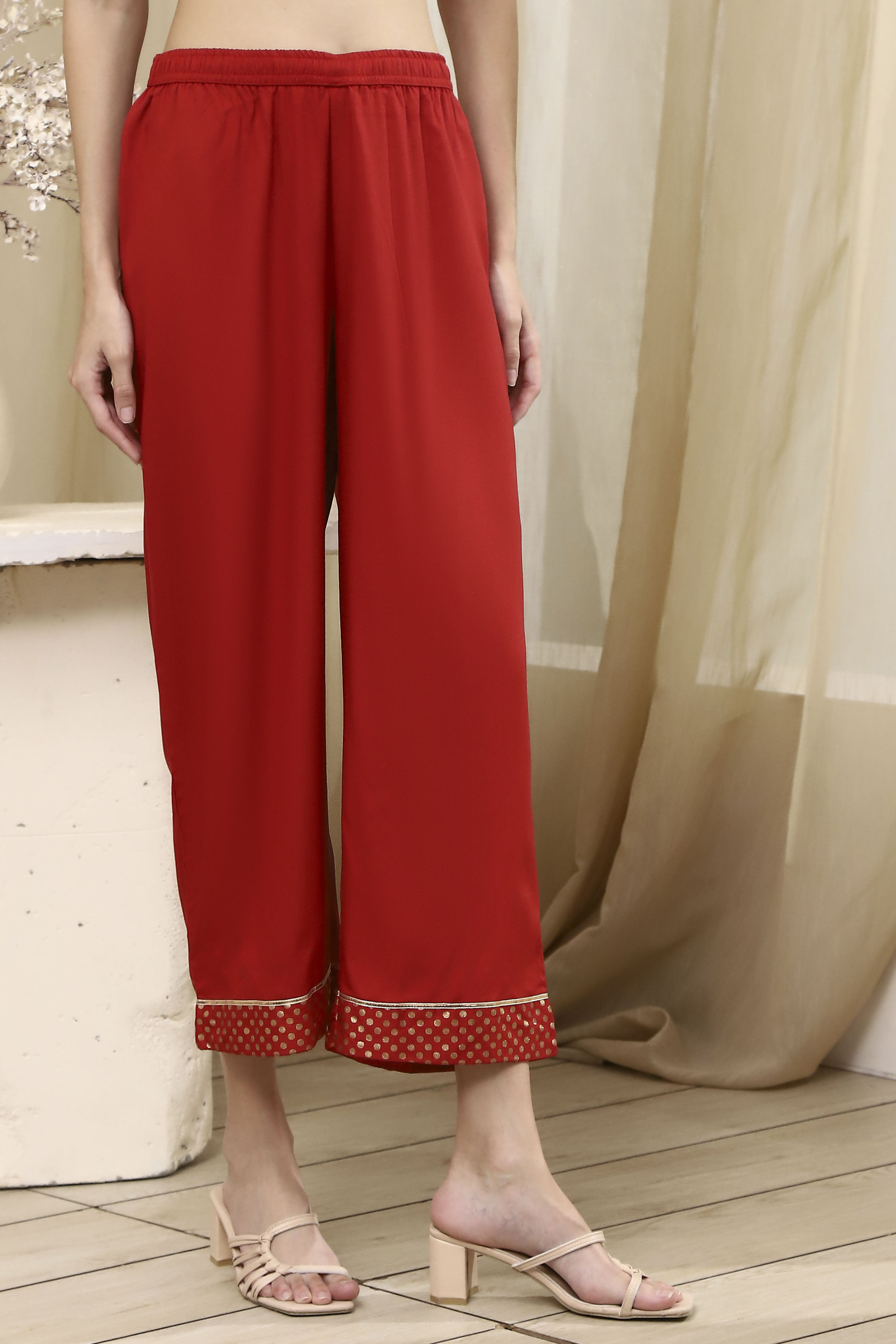 Red Dyed Straight Palazzos image number 4