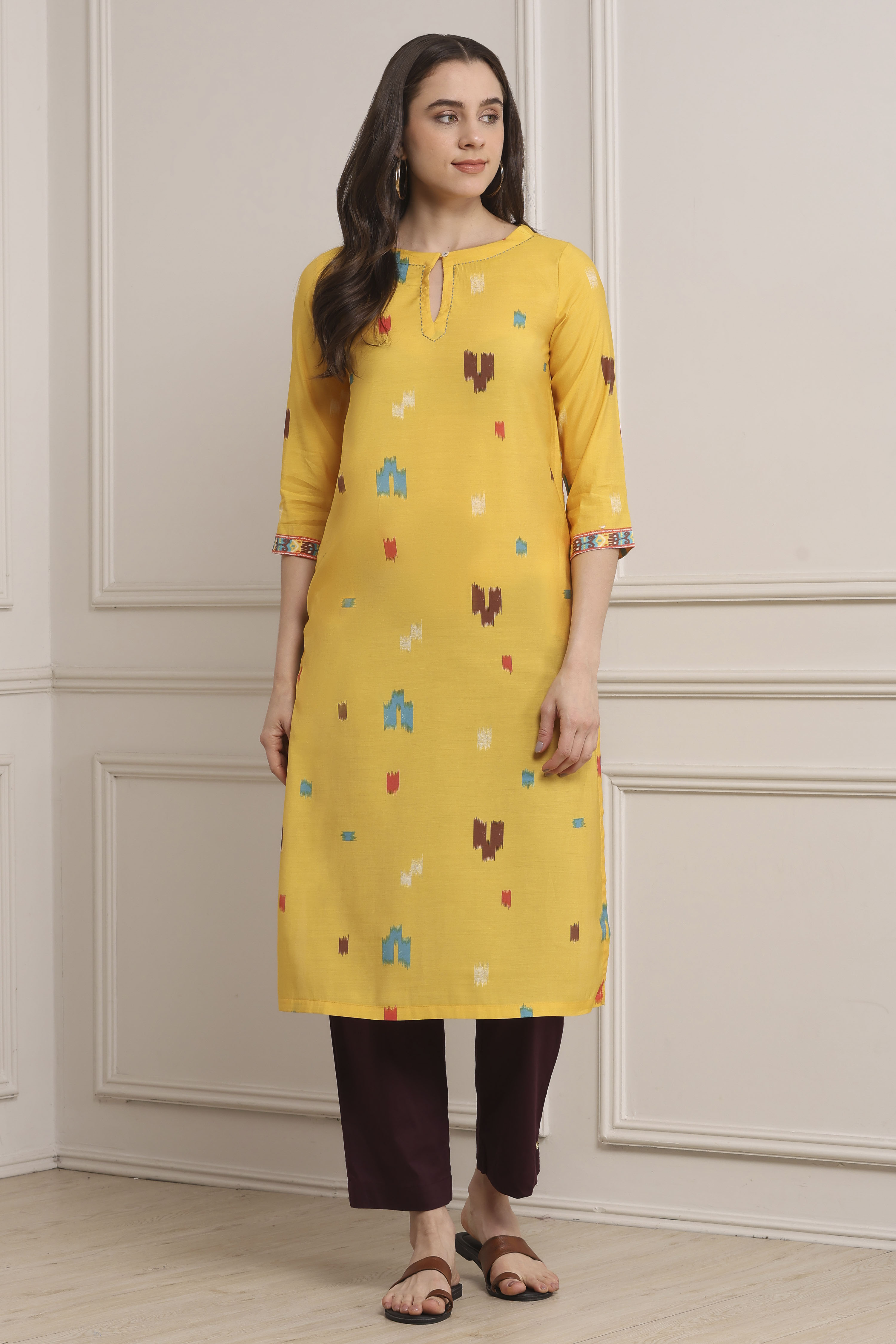 Yellow Poly Viscose Straight Kurta Pants Set image number 0