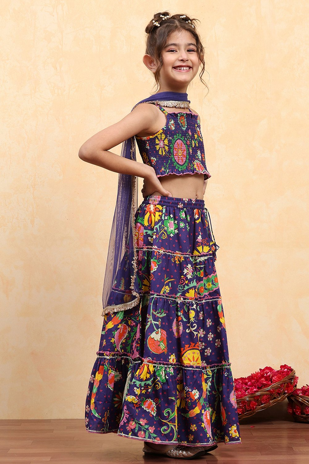 Purple Cotton Printed Tiered Lehenga Set image number 5