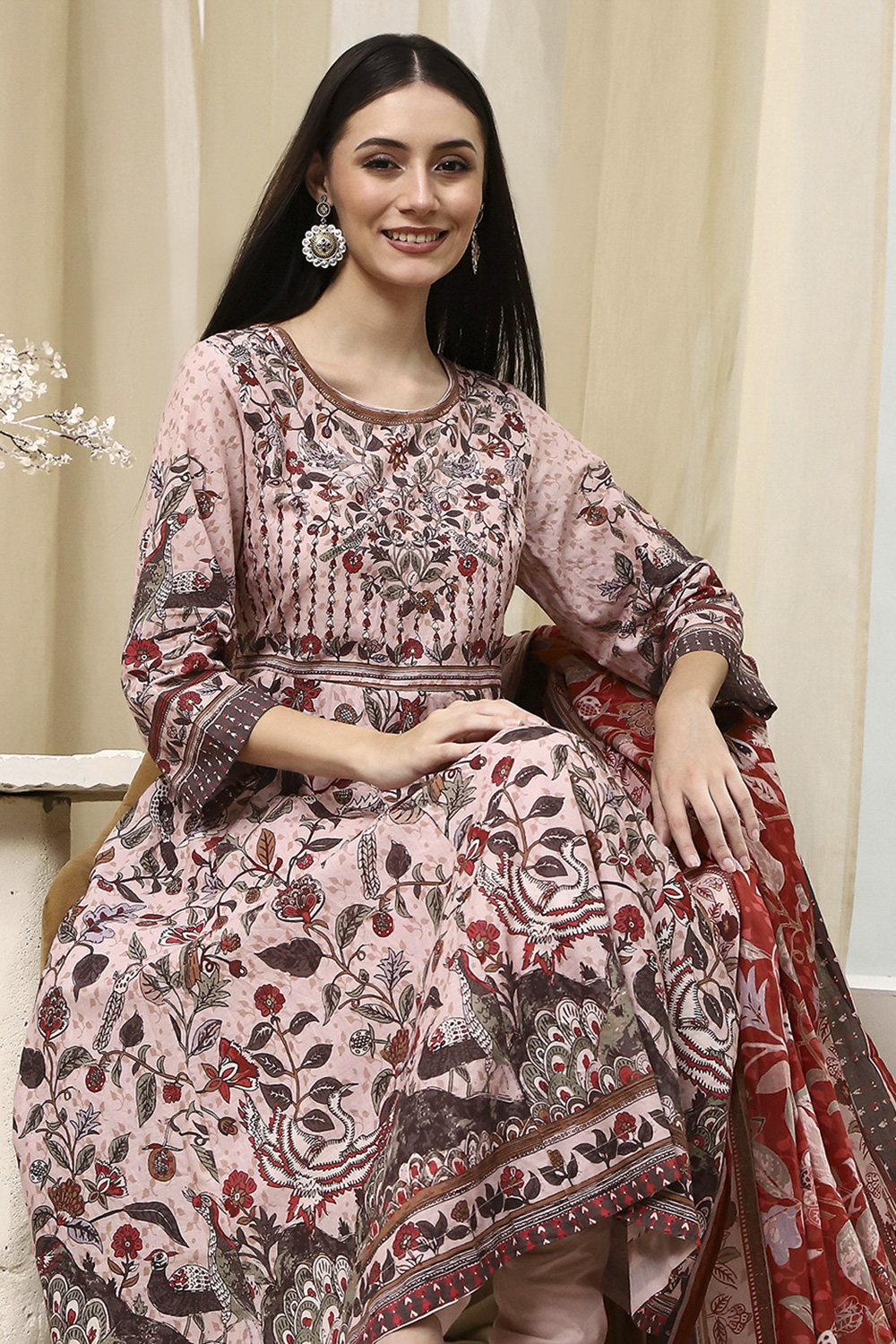 Beige Cotton Printed Anarkali Suit Set image number 0
