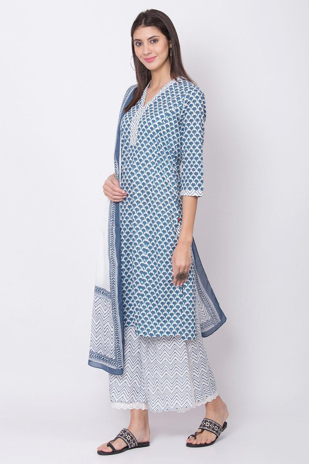 Blue Printed Straight Kurta Palazzo Suit Set image number 2