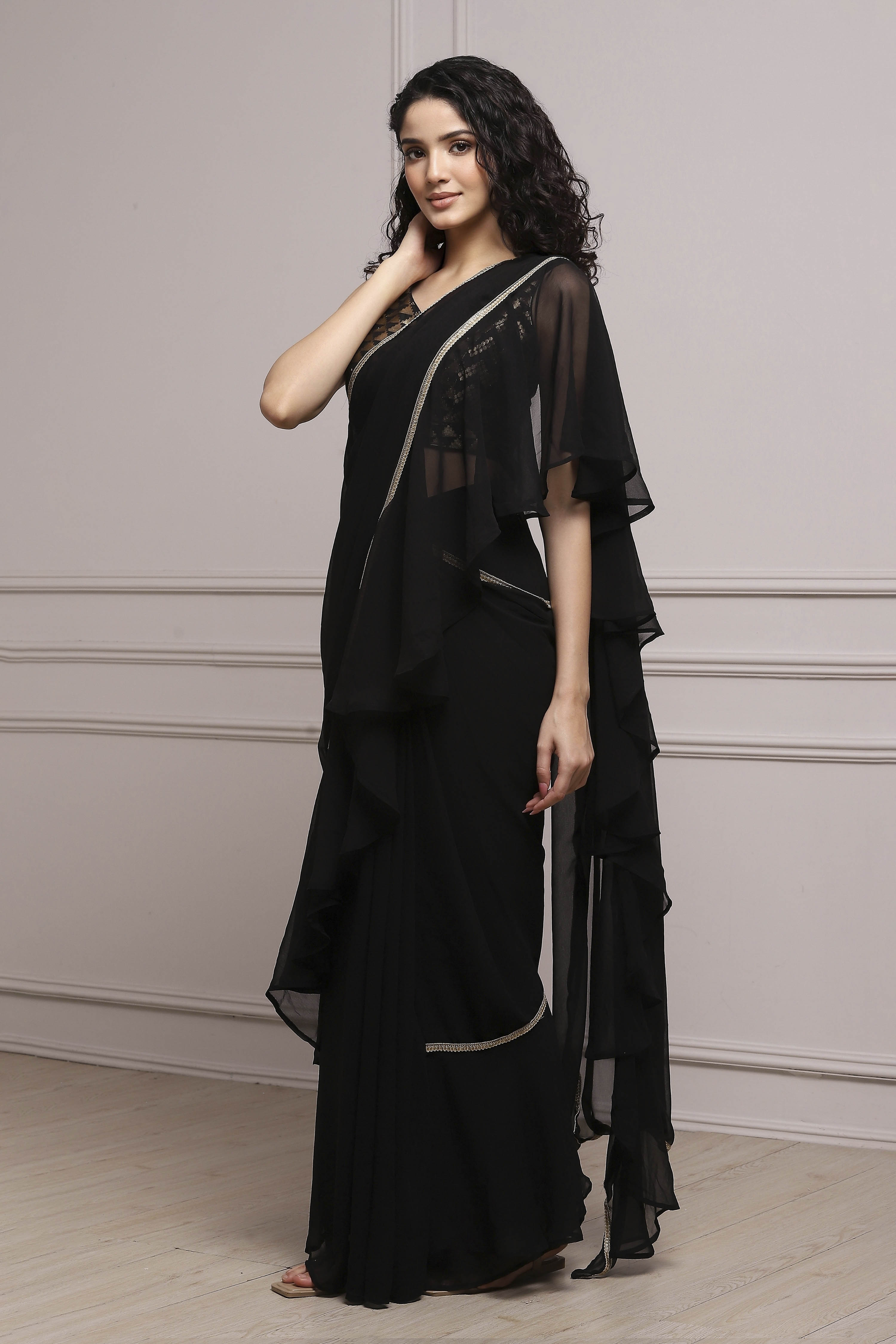 Black Art Silk Pre-draped Saree image number 3