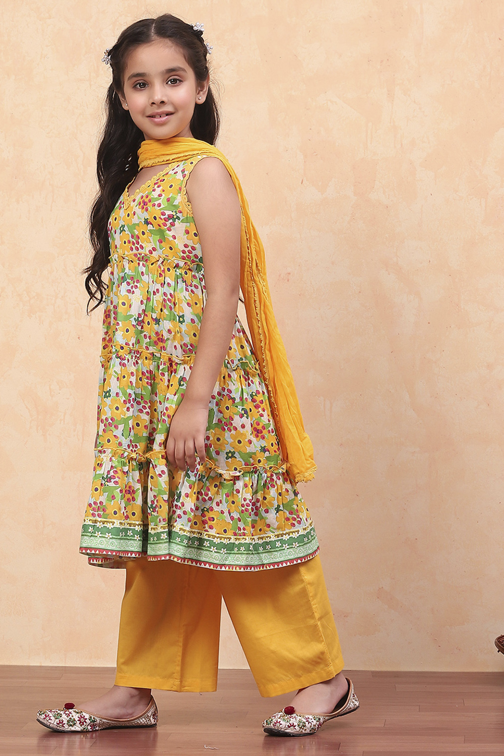 Coral Pure Cotton Floral Printed Tiered Suit Set image number 3