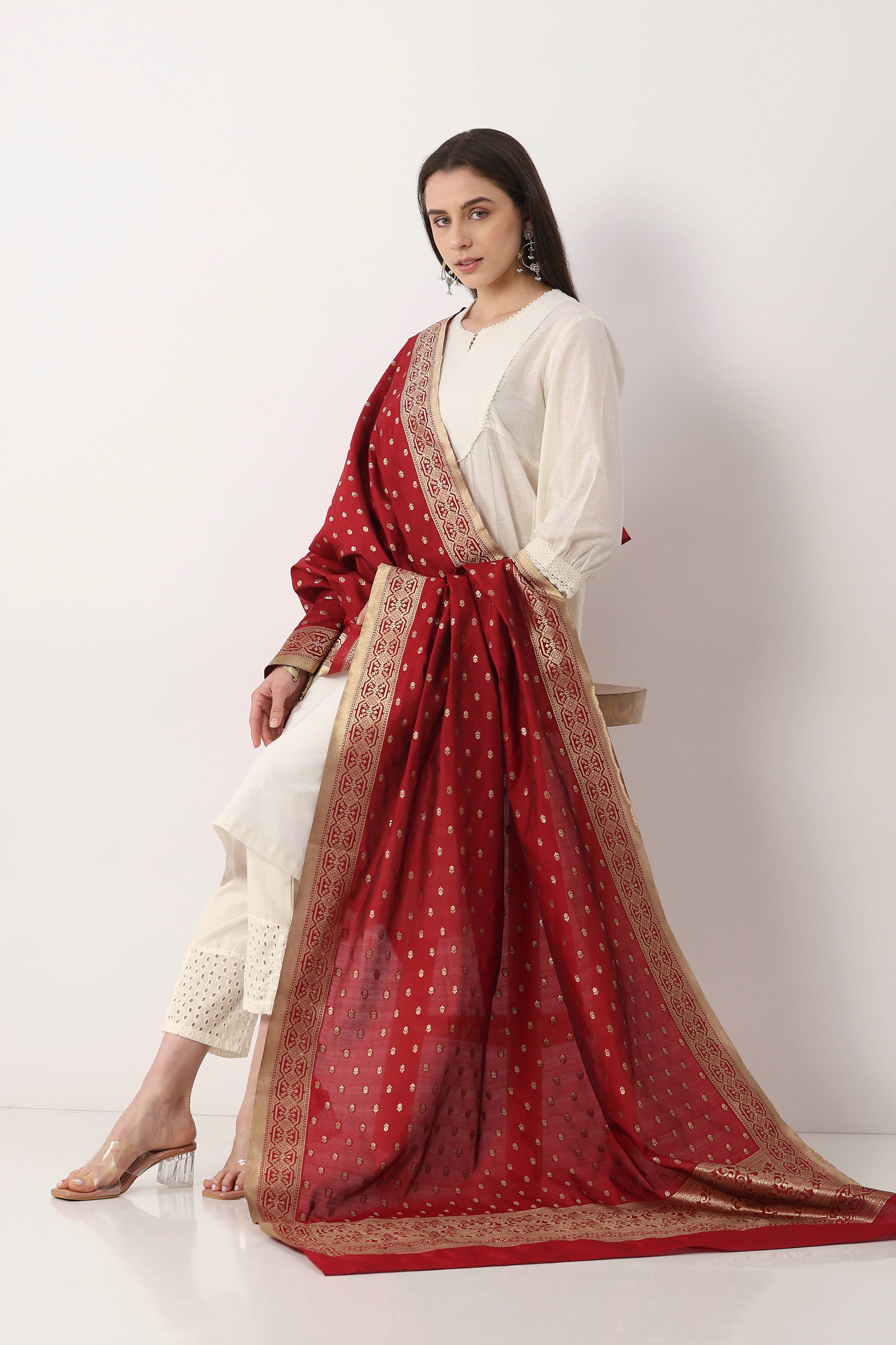 Maroon White Art Silk Dupatta image number 0