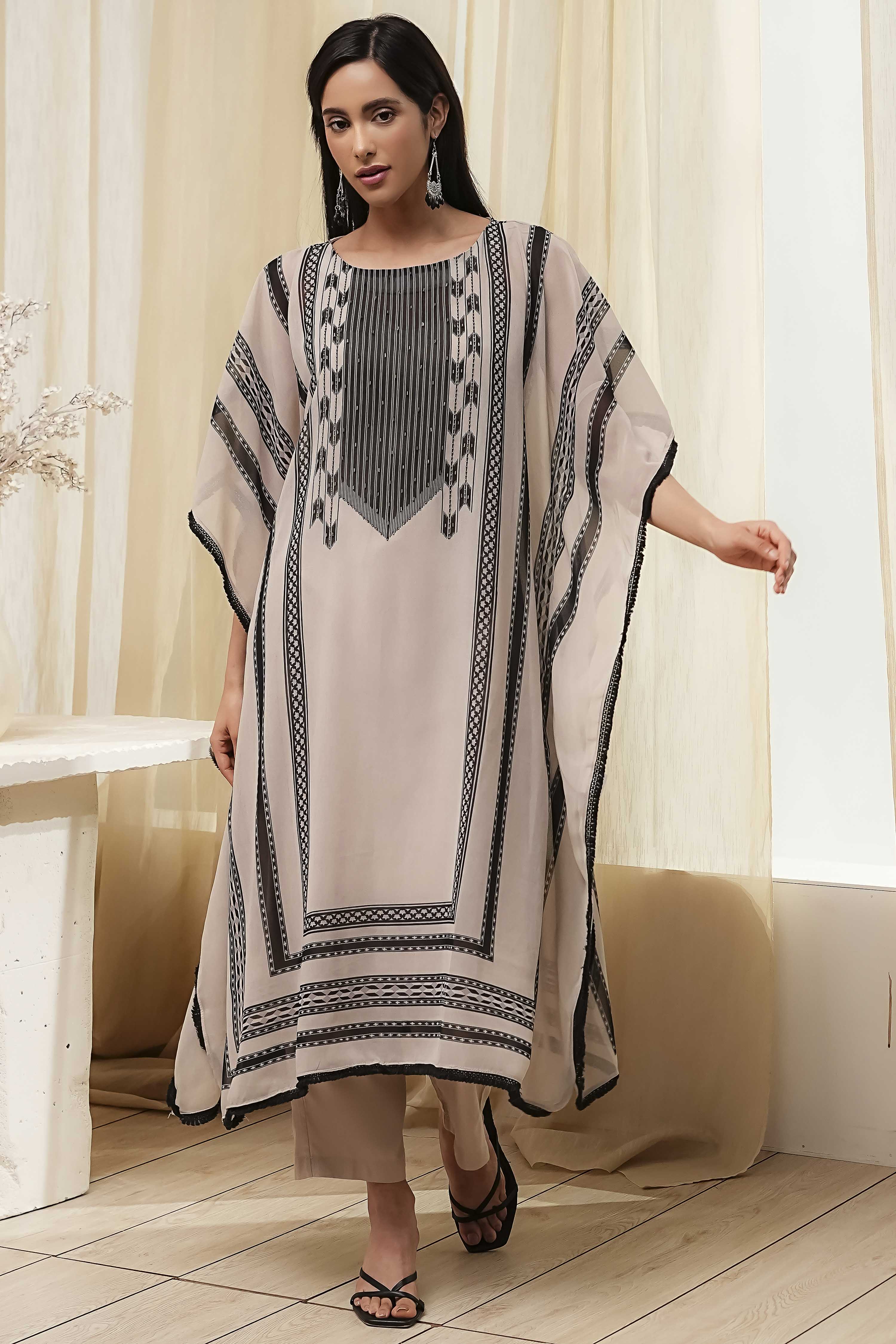 Beige and Black Printed Kaftan-Style Kurta Set image number 5