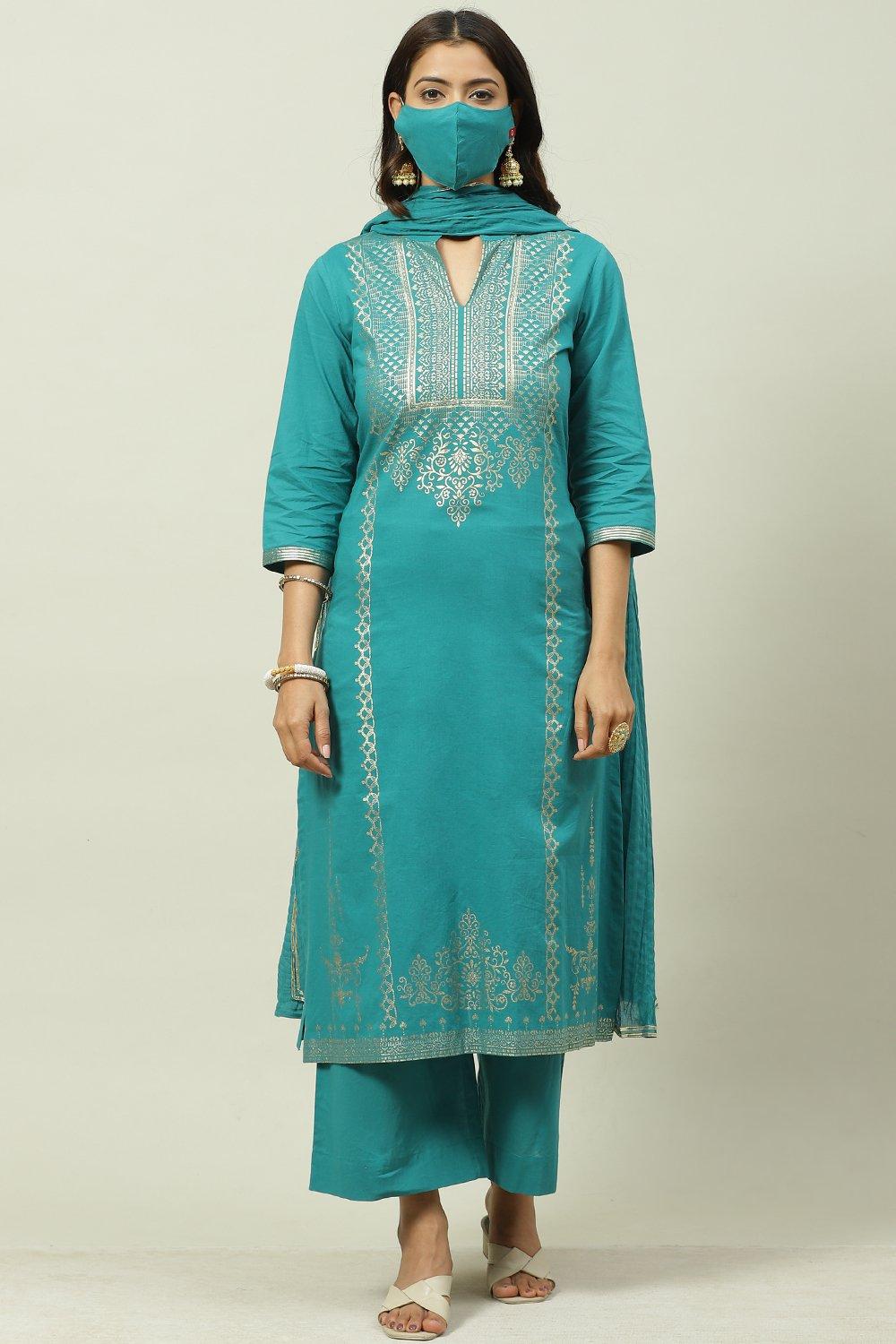 Navy Cotton Straight Kurta Palazzo Suit Set image number 6