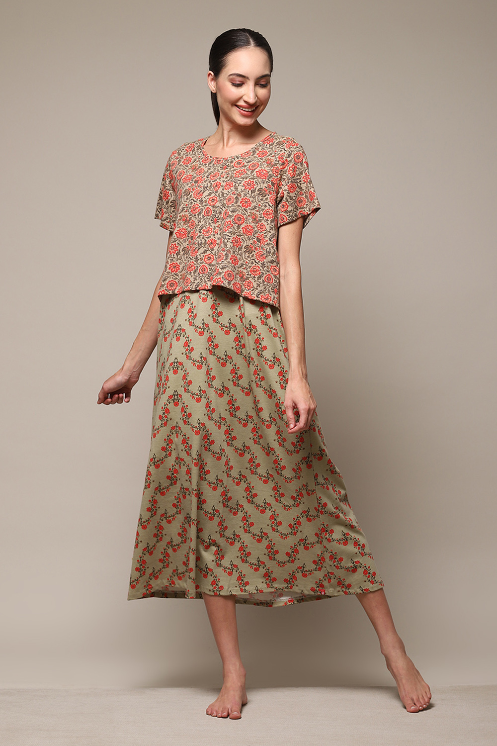 Sage Green Cotton Blend Printed Nightdress image number 0