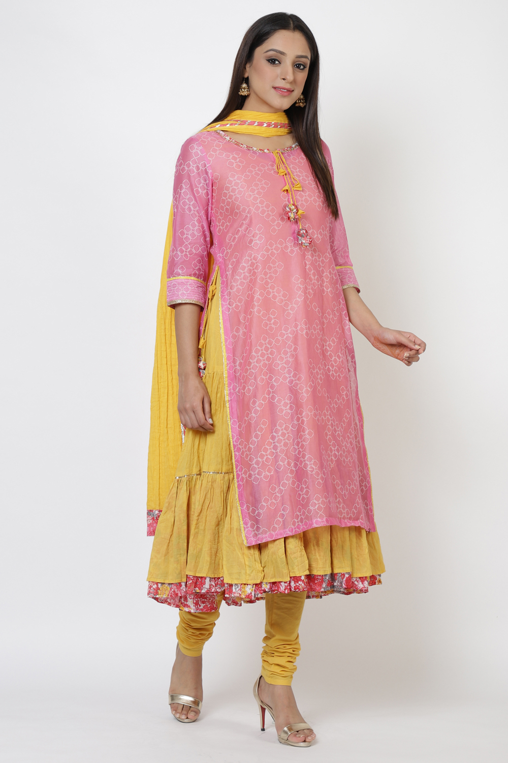 Pink Cotton A-Line Kurta Churidar Suit Set image number 4