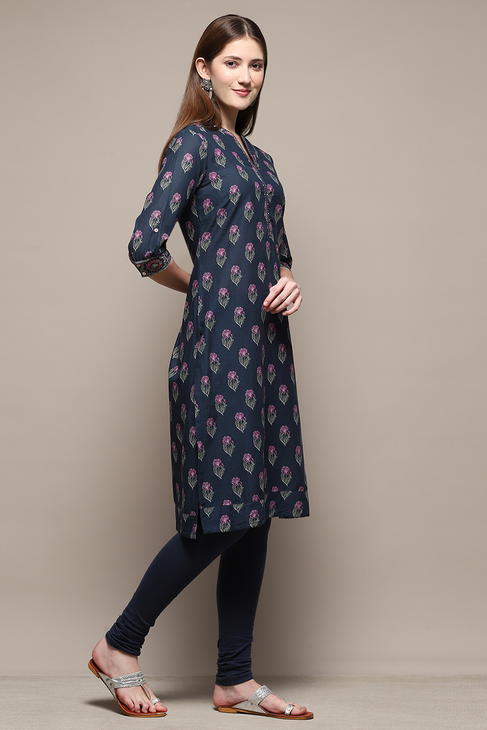 Black Cotton Straight Kurta Churidar Suit Set image number 5