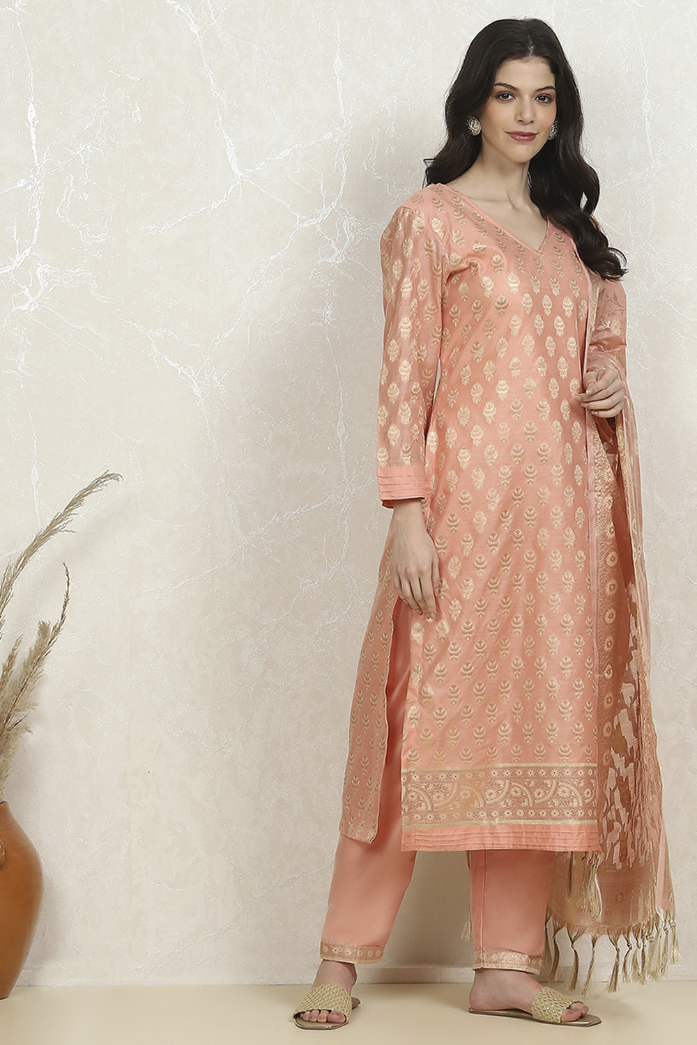 Peach Cotton Printed Embroidered Unstitched Suit Set image number 6